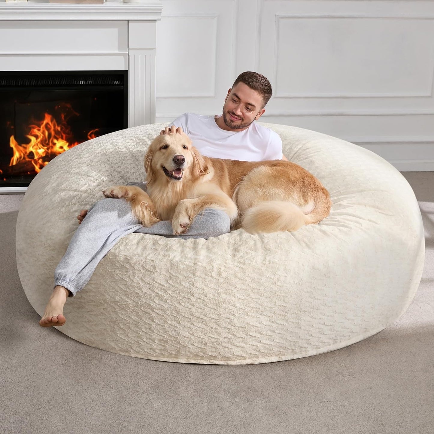 Hobestluk 6ft Bean Bag Chairs for Adults Large Beanbag Chair with Chevron Plush Fur Cover Big Bean Bag Chair for Living Room Bedroom Dorm Office - White (70" x 70" x 15")