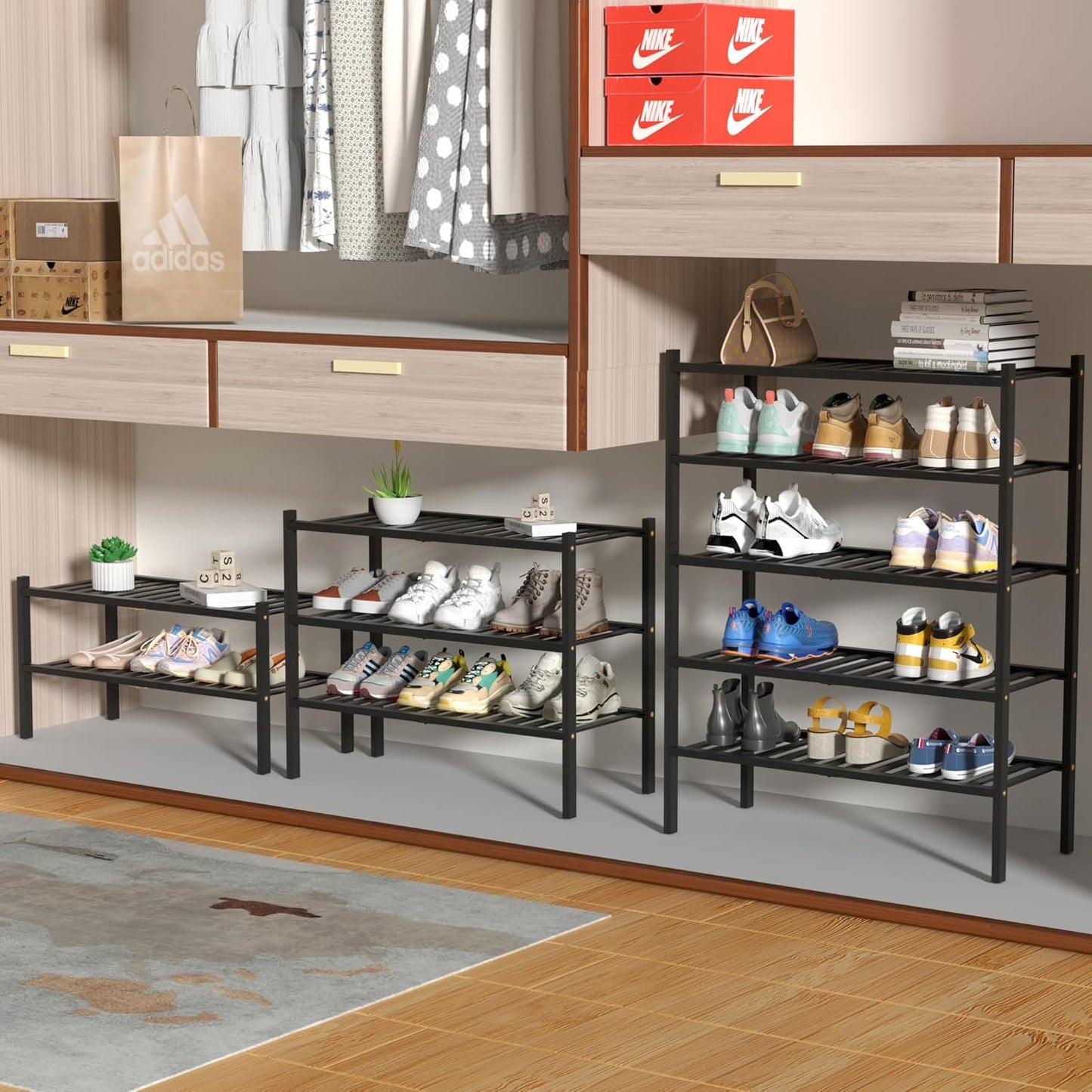 5 Tier Bamboo Shoe Rack for Closet Free Standing Wood Shoe Shelf for Entryway Small Space Stackable 27"x11"x33" (Black)