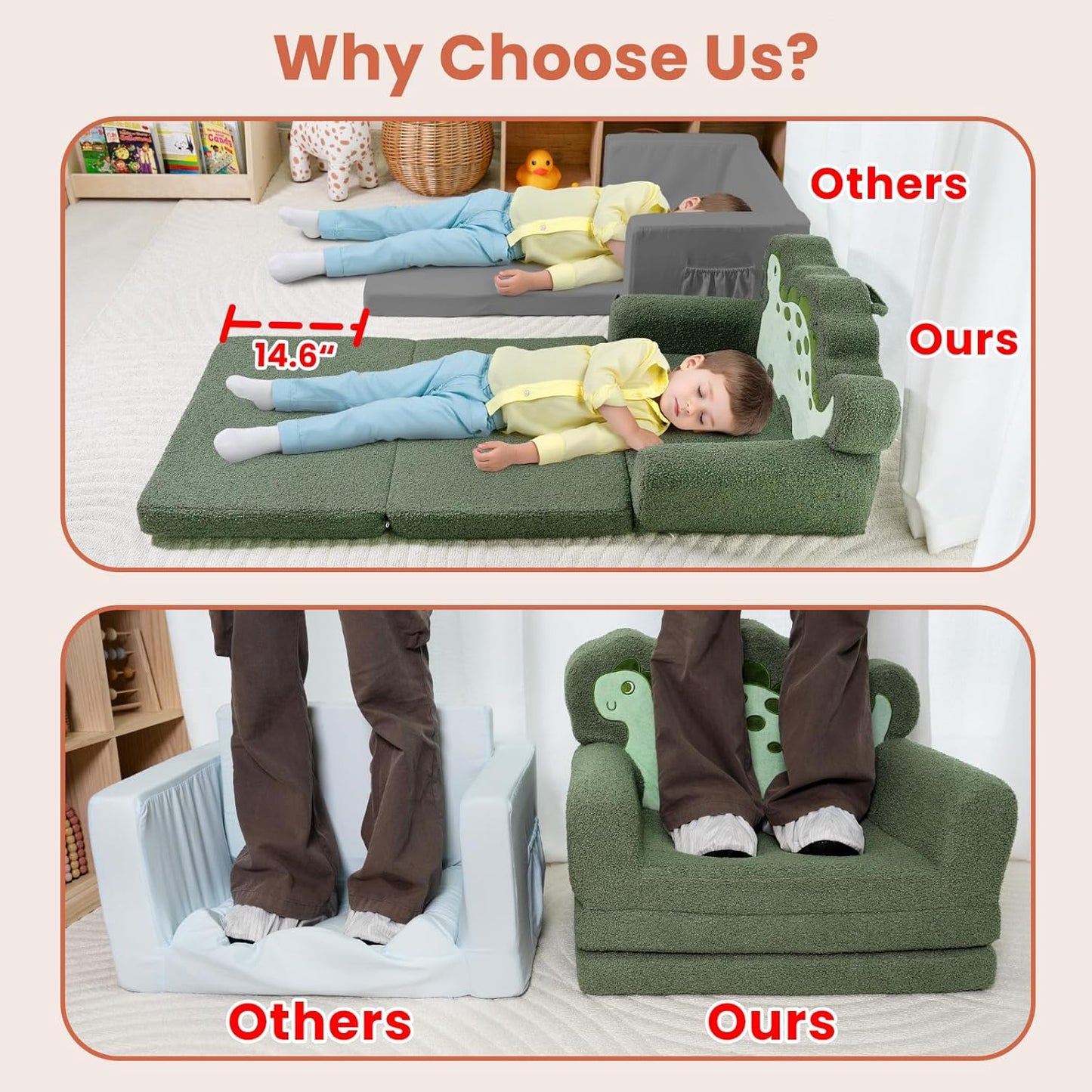 TinyPalsa Kids Couch, Convertible Sofa to Lounger Fold Out, Green Dinosaur Design Chair for Toddlers 1-3, Gift for Movie Night, Camping, and Napping