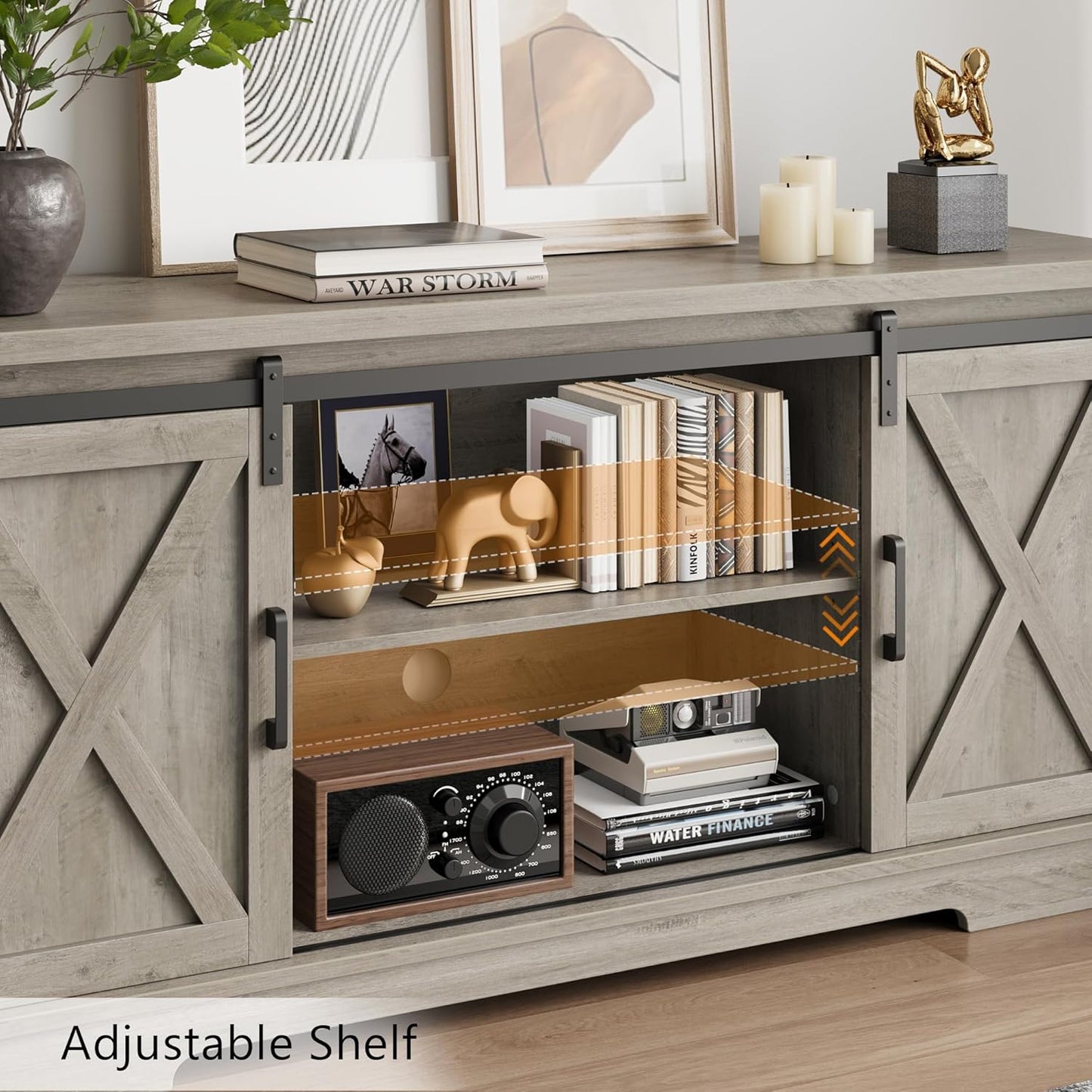 CABIHOME Farmhouse Tv Stand for 65 Inches TVs, Entertainment Center with Storage and Sliding Barn Doors, Adjustable Shelf Modern Media TV Console TV Stand Table for Living Room, Bedroom, Grey