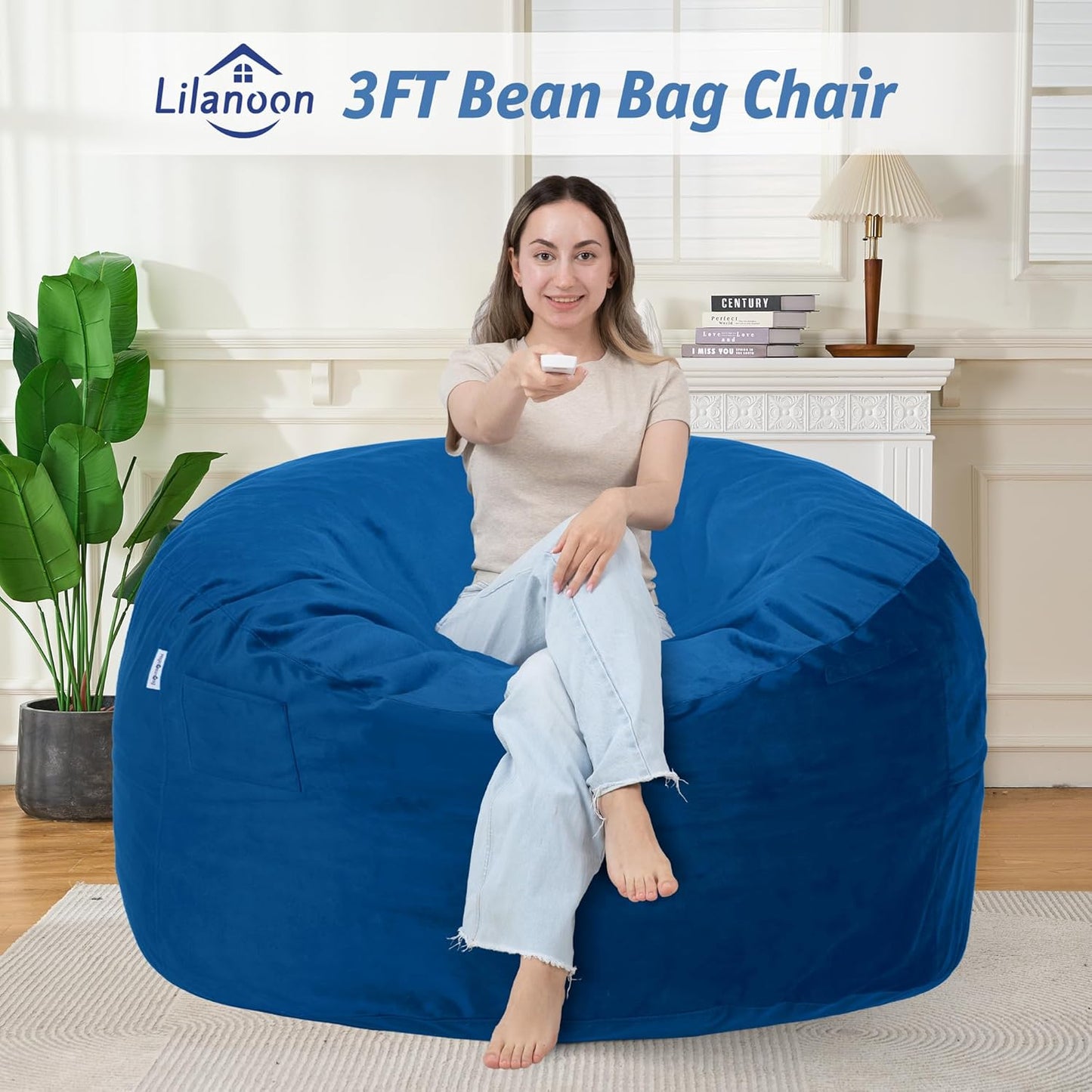 3FT Bean Bag Chair with Ultra Soft Velvet Cover Bean Bag Sofa with Memory Foam Bean Bag Chairs with Large Size Lazy Sofa for Dorm Office Living Room Bedroom Blue 3'