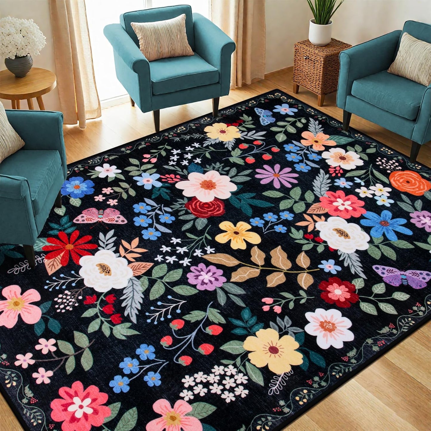 Area Rug Living Room Rugs: Floral 4x6 Washable Rug Vintage Soft Boho Non-Slip Carpet Indoor Floor Stain Resistant Large Carpets for Bedroom Dining Room Farmhouse Nursery Hallway Home Office Black