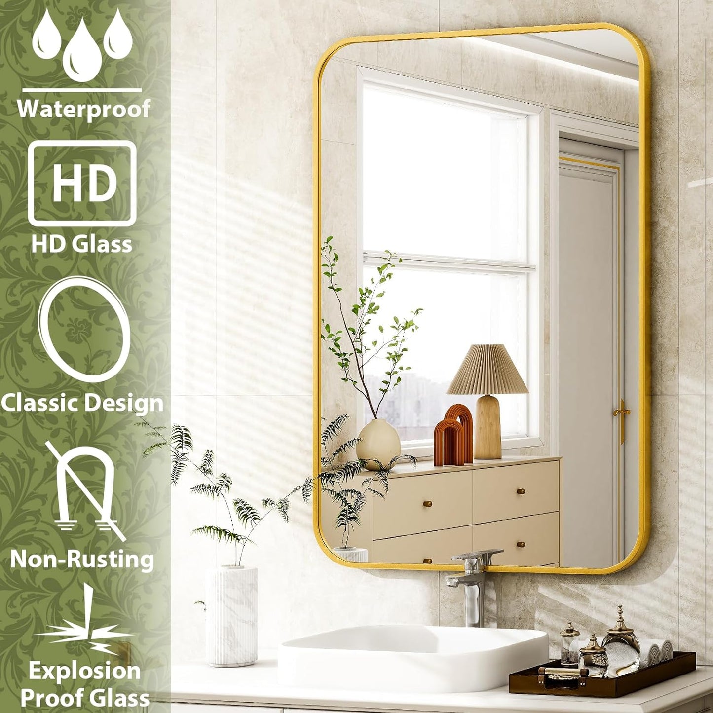 20 x 28 Inch Bathroom Mirror, Rounded Rectangular Vanity Mirror for Wall, Modern Mirror for Room Decor, Gold Framed Wall-Mounted Mirrors for Home Decor, Hangs Horizontally or Vertically