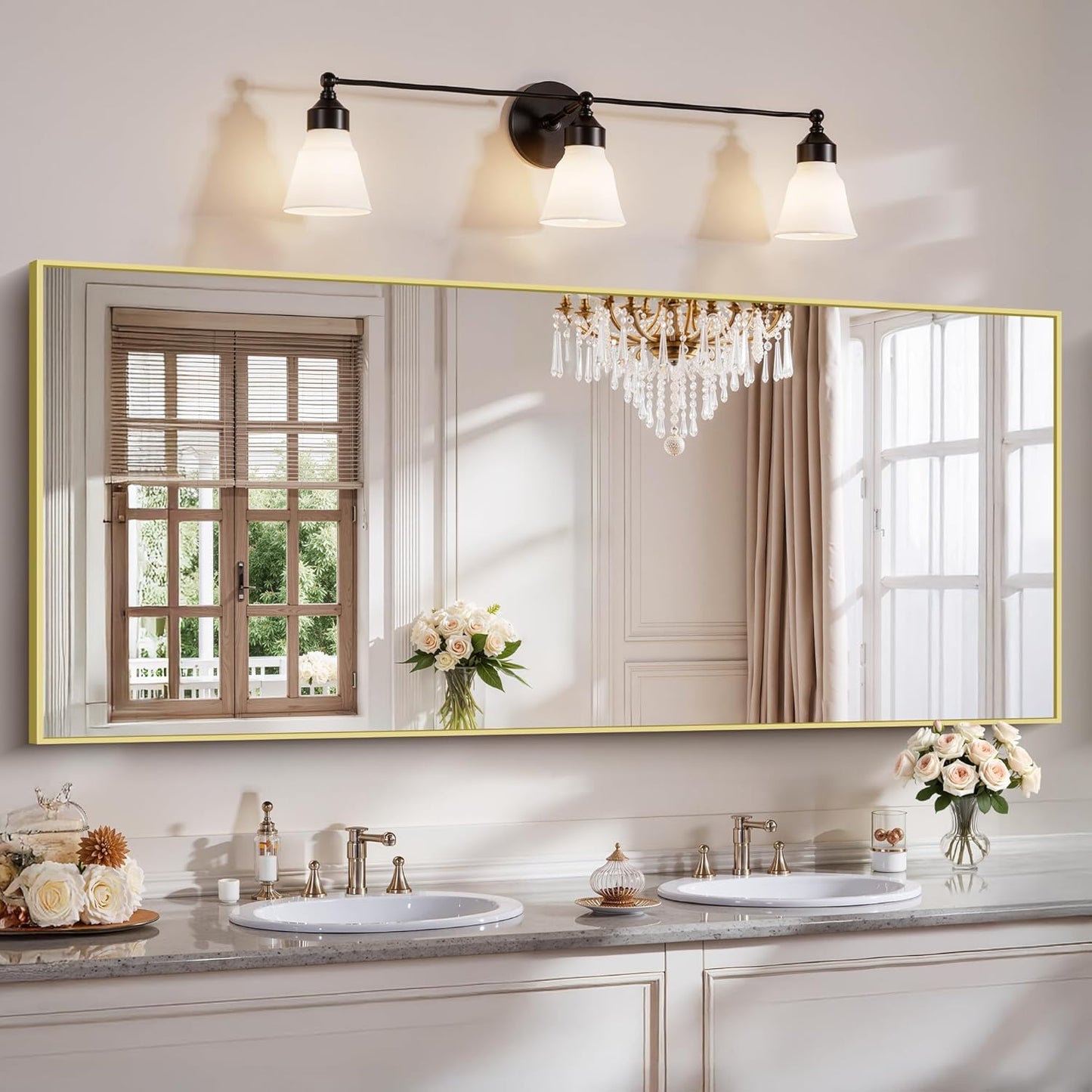 YIROMAN Bathroom Mirror 72"x30", Large Brushed Gold Bathroom Mirror for Over Sink with Aluminum Frame, Rectangular Vanity Mirror with Right Angle, Wall Mirror Hangs Horizontal or Vertical