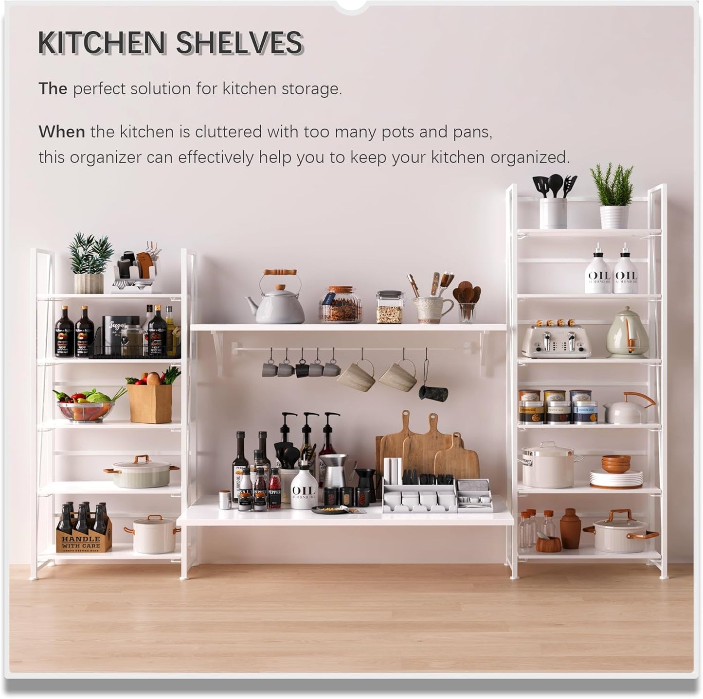 4NM No Assembly Folding Bookshelf, 6-Shelf 74" H Collapsible Foldable Bookcase Storage for Small Spaces, All White