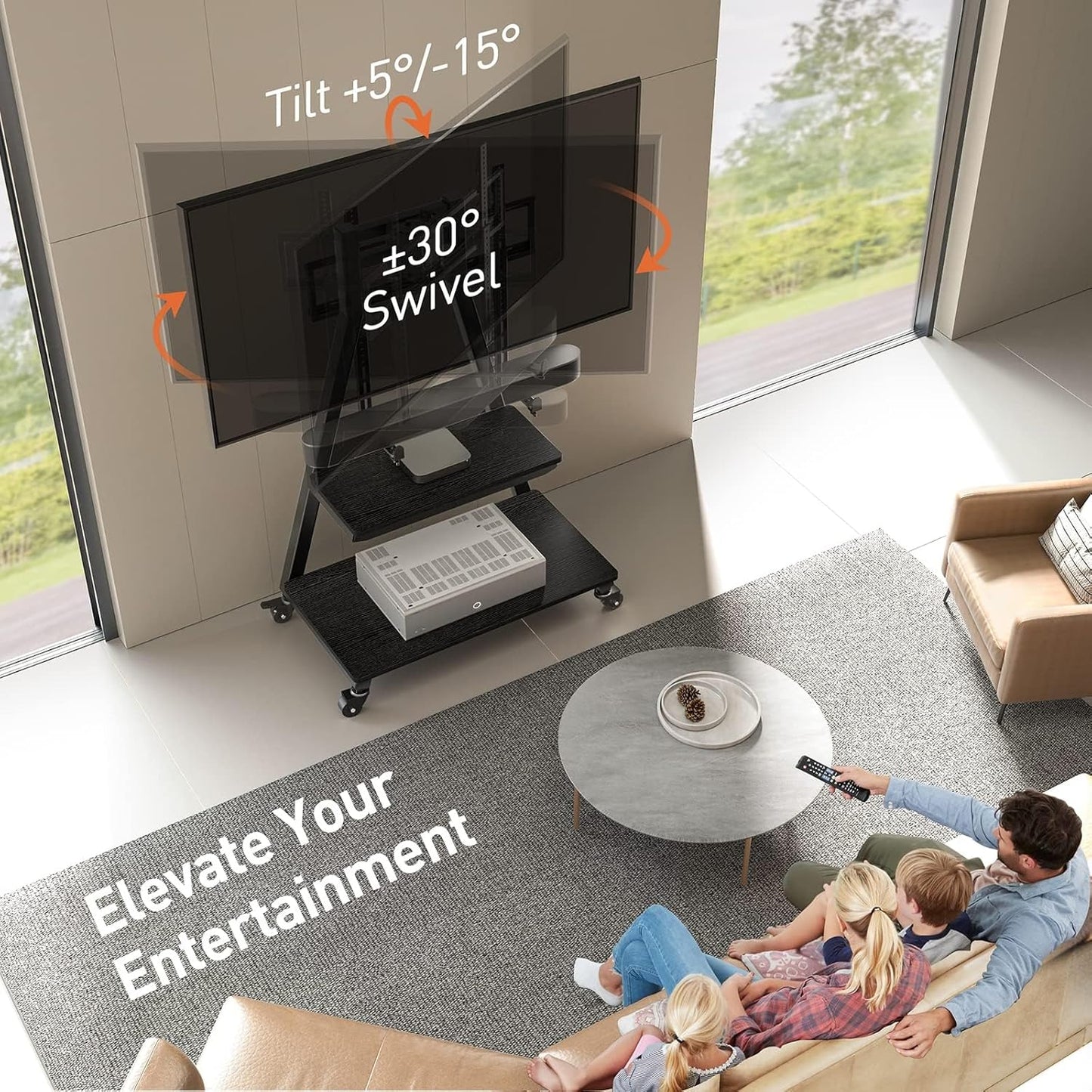 Perlegear Mobile TV Stand with Soundbar Mount, Rolling Floor TV Stand with Wheels for 43-80" TVs up to 132lbs, Mobile TV Cart with Storage Shelves, Tilt Swivel Corner TV Cart Max VESA 600x400mm