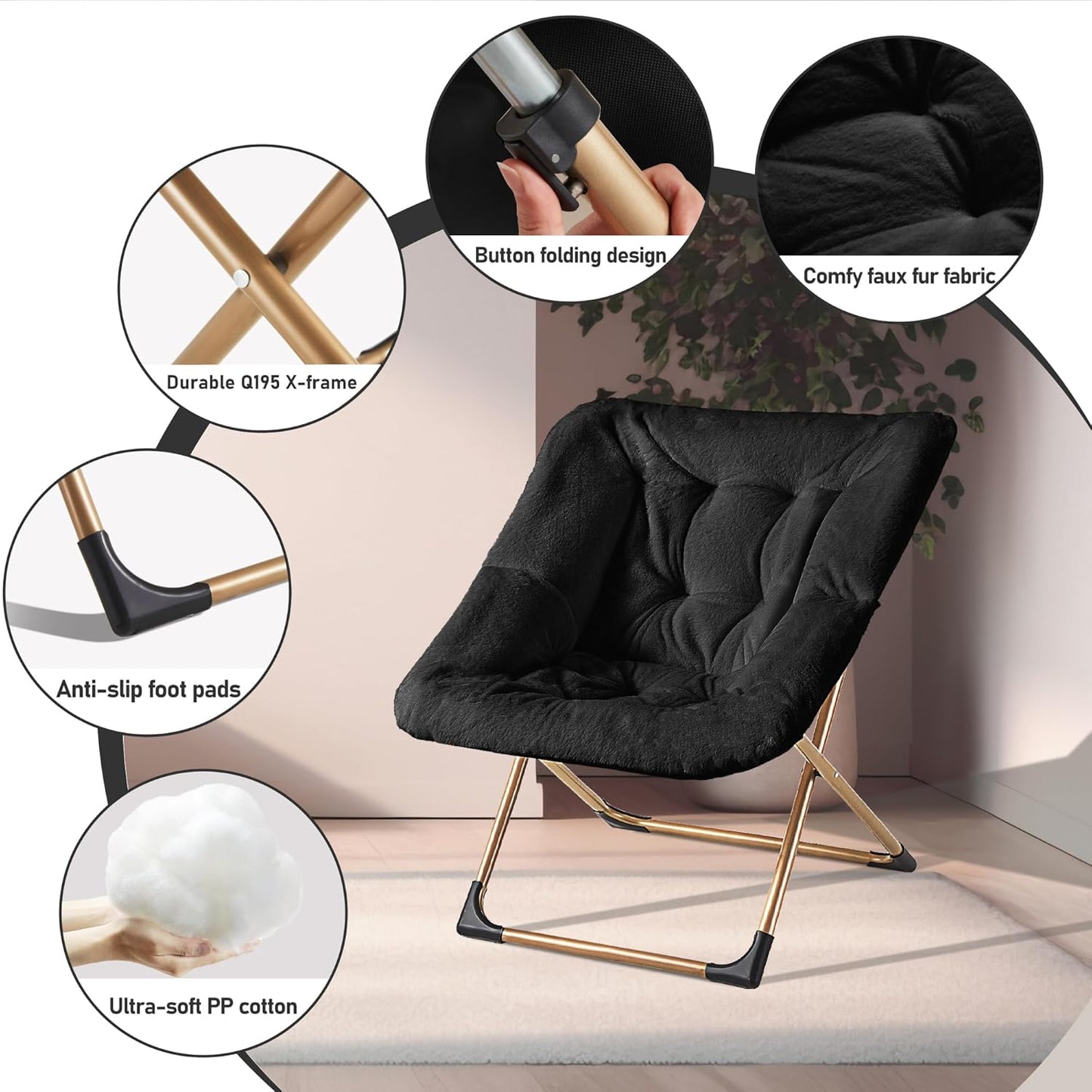 Comfy Oversized Saucer Chair, Soft Faux Fur Reading Lounge Chair for Adults, Stable X-Large Metal Frame and Non-Slip Pad, Foldable Cozy Chairs for Bedroom, Living Room, Dorm, Office, Black