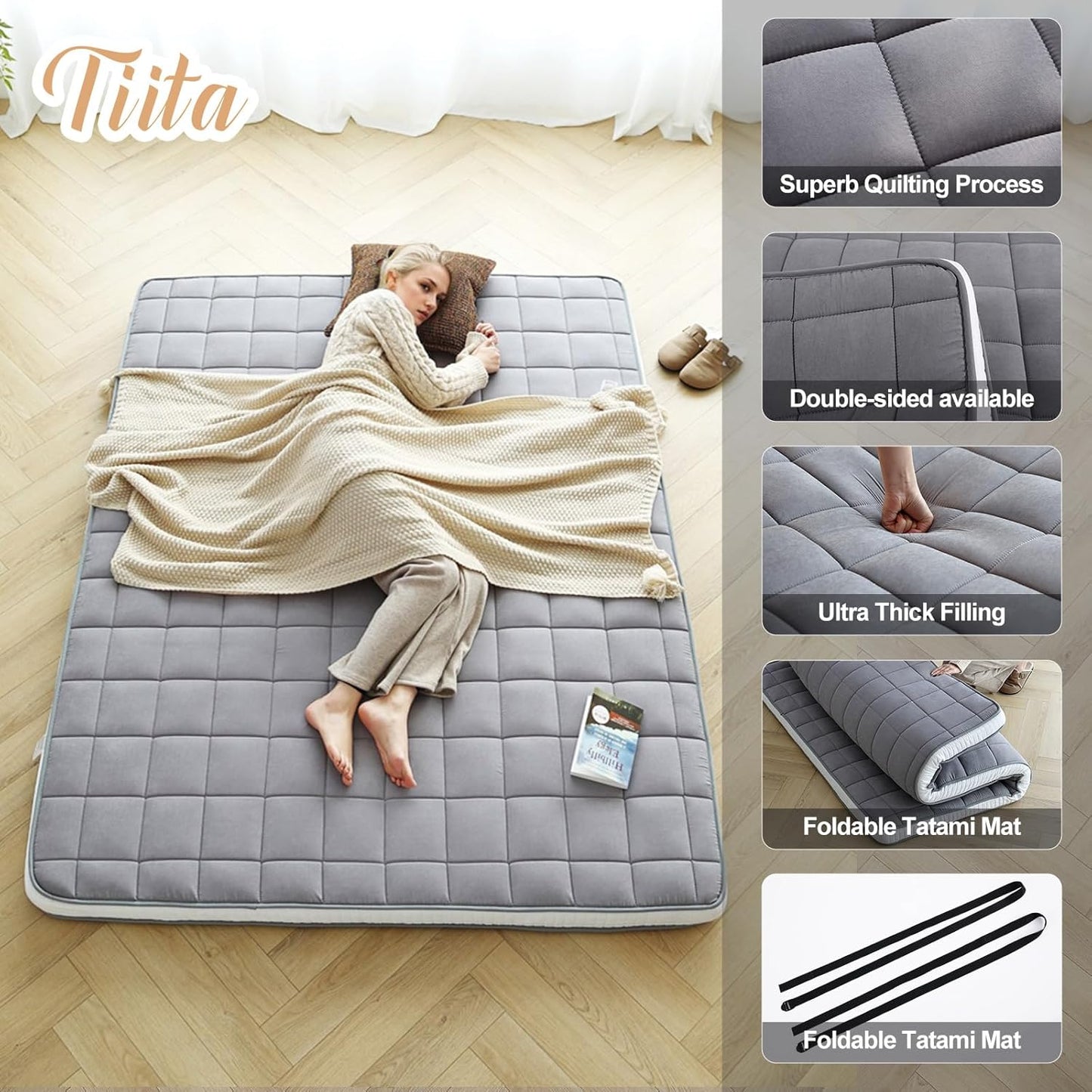 Tiita Japanese Floor Mattress Futon Mattress 4” Thick Folding Roll Up Sleeping Pad with Bag & Strap, Bed Topper Mat for Guest, Lounger and Tavel, Gray,Twin Size