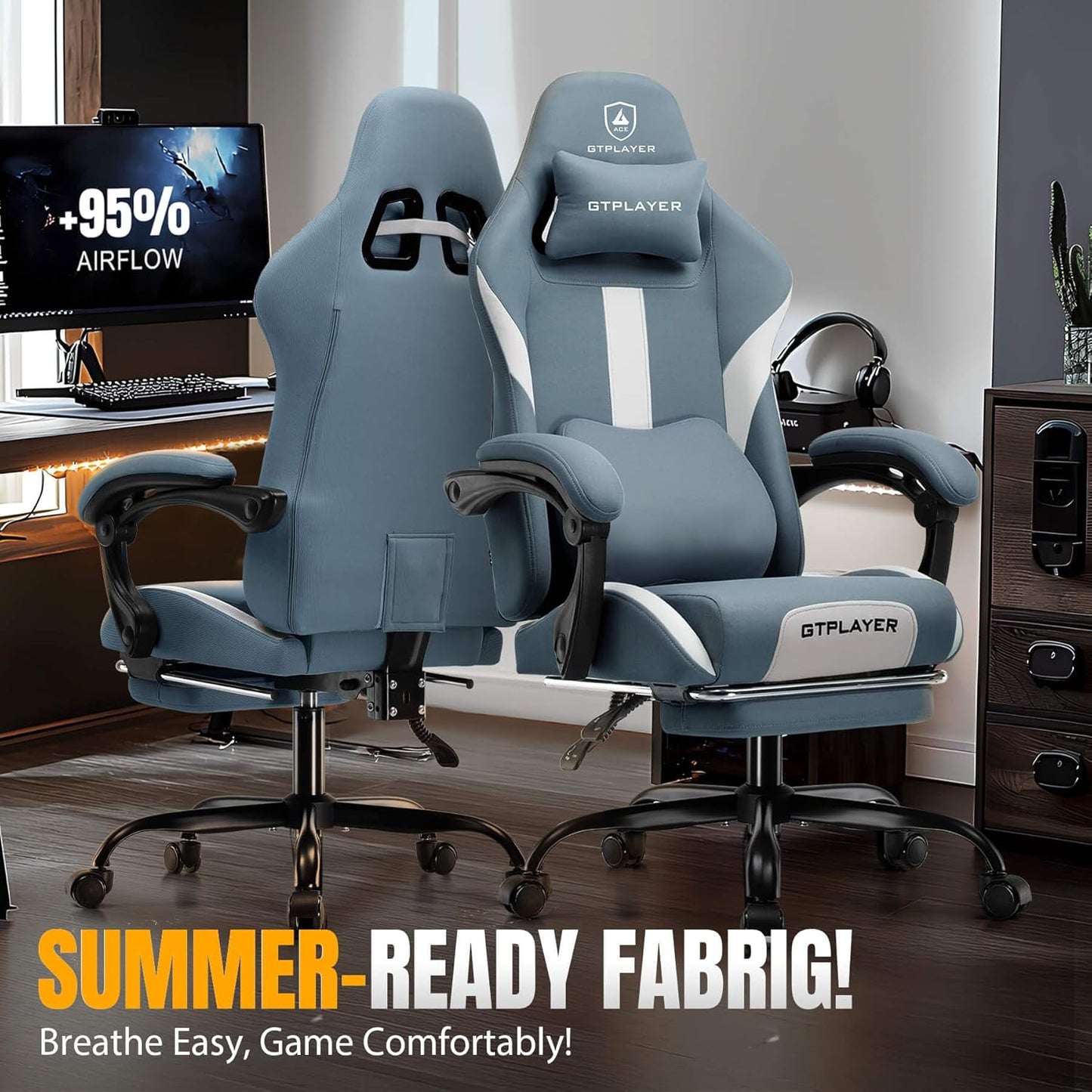 GTRACING Gaming Chair with Foot Rest & Pocket Spring Cushion, Breathable Fabric for Home Office Desk, Ergonomic High Back Computer Chair with Headrest & Lumbar Support, Blue