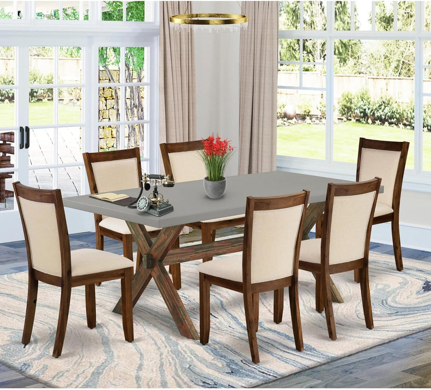 East West Furniture X797MZN32-7 7 Piece Dining Room Furniture Set Consist of a Rectangle Dining Table with X-Legs and 6 Light Beige Linen Fabric Parsons Chairs, 40x72 Inch, Multi-Color