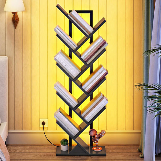 HOOBRO Tree Bookshelf, 9-Tier Tree Bookshelf with Lights, Space-Saving Book Shelf, Holds Books, CDs, Floor Standing Bookcase for Office, Living Room, Bedroom, Black BB08DSJ01