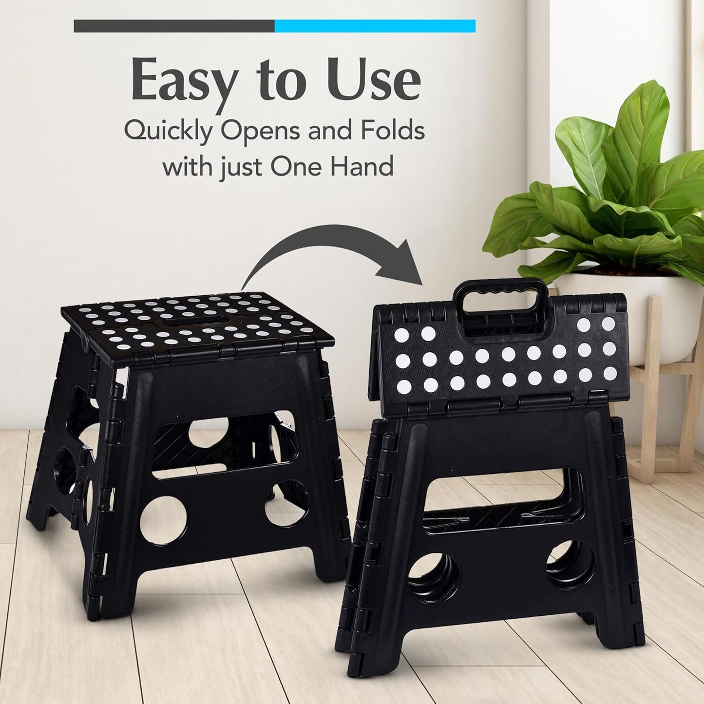 Handy Laundry Folding Lightweight Step Stool - Sturdy Enough to Support Adults and Safe Enough for Kids - Opens Easy with One Flip - Great for Kitchen, Bathroom or Bedroom (Black- 13 inch)