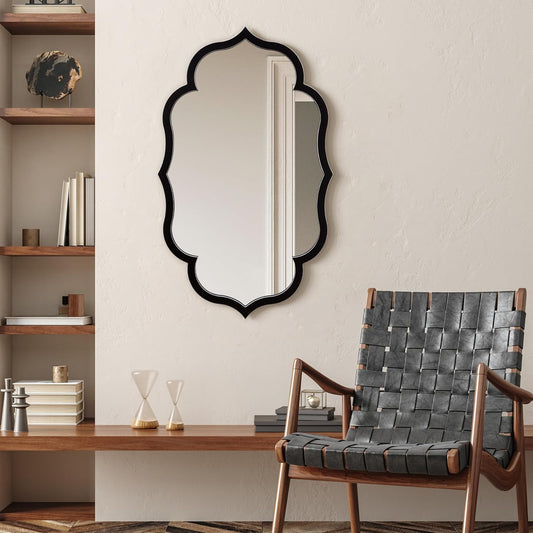 Empire Art Direct Curved Scalloped Wall Mirror on Black Matte Frame with Washed White Edges, Living Room, Bedroom & Office, 24" x 40" x 1"