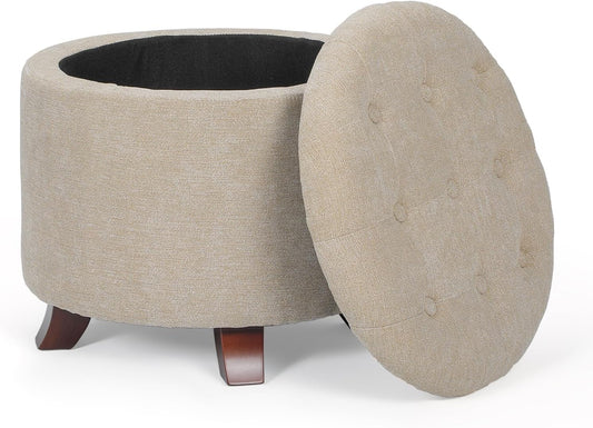 Athena Collection 20 Inch Small Ottoman with Storage, Round Linen Fabric Storage Ottoman with Removable Lid, Stylish Footstool Foot Rest for Living Room, Bedroom, Dorm, Khaki