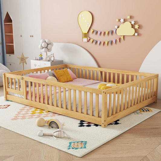 Queen Size Floor Bed Frame with Slats and Safety Guardrail, Wood Queen Size Montessori Floor Bed with Door and Fence, Easy Assemble Montessori Beds for Kids, Girls, Boys, Natural