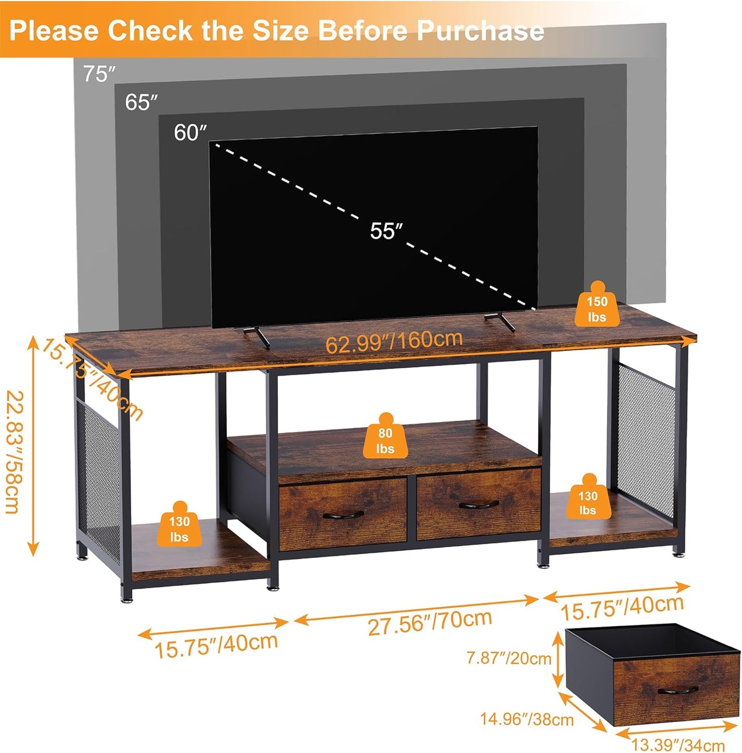 TV Stand with Drawers and Open Storage Shelves for 75 70 65 Inch TV, Entertainment Center with Open Storage Shelves, Industrial Media TV Console Table for Living Room Bedroom Office, Rustic Brown