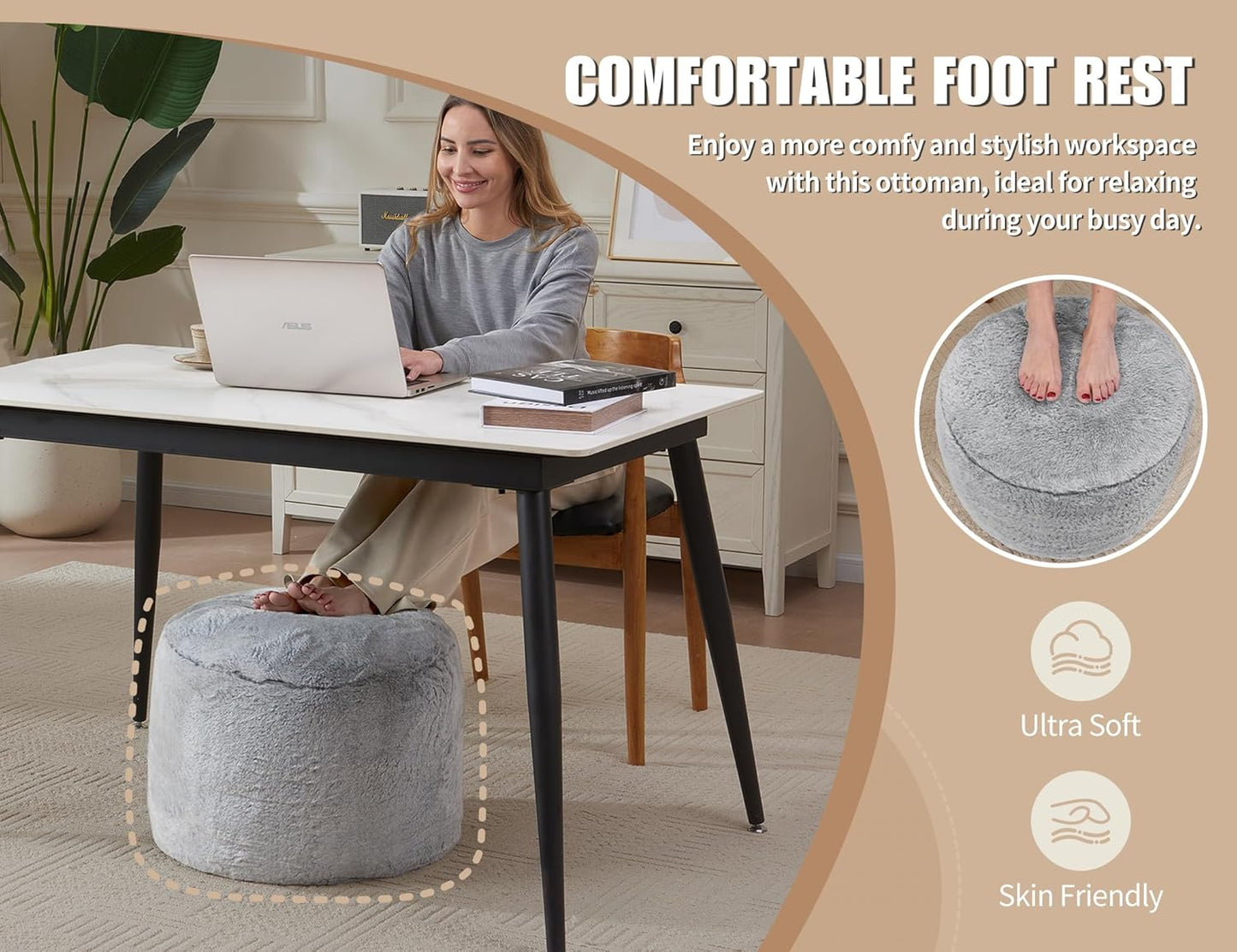 Boho Ottoman Living Room Furniture 26"x18" Large Round Ottomans Pouf Couch Foot Rest Grey Pouf Ottoman Foot Rest with Foam Chunk Filling Pouffe Ottomans Stuffed Foot Rest Poufs for Couch