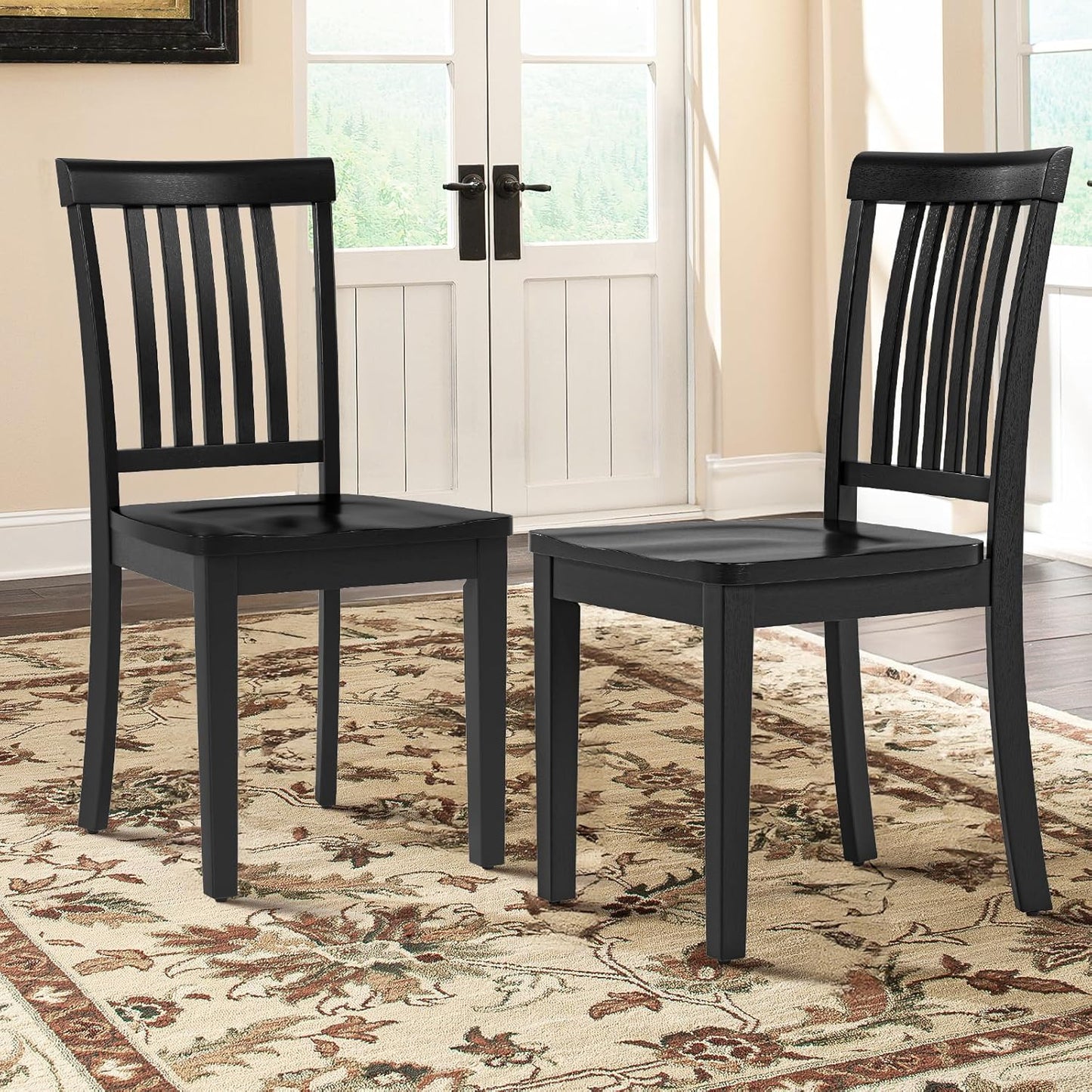 COLAMY Wooden Dining Room Chairs Set of 2, Spindle High Back Windsor Kitchen Side Chair, Farmhouse Dining Chairs for Kitchen, Dining Room, Black