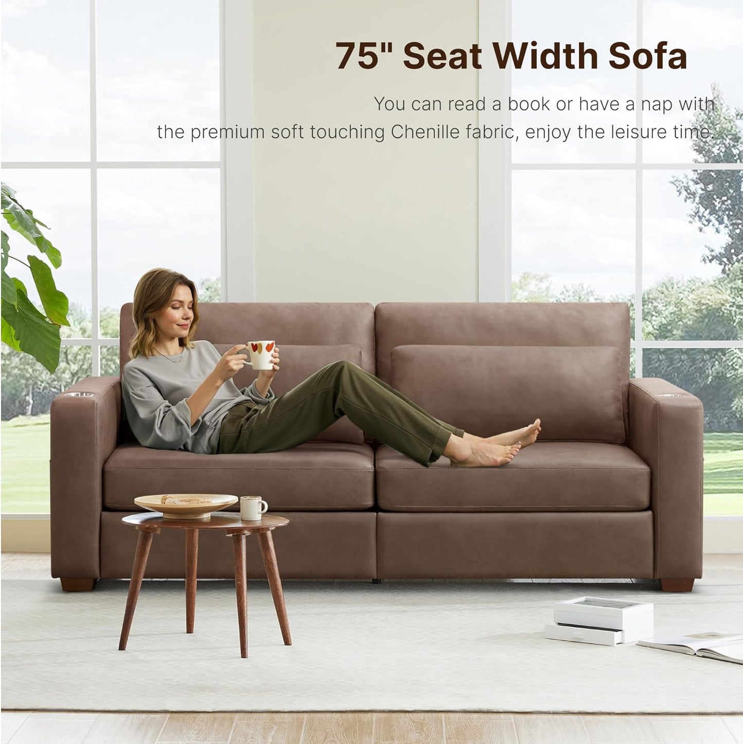 89" Sofa Couch for Living Room Faux Leather Upholstered Couch with Deep Seats and Wide Armrests 3 Seater Comfy Sofa with Cup Holders, USB & Type-C Ports, Spring Cushion, Solid Wood Frame Brown
