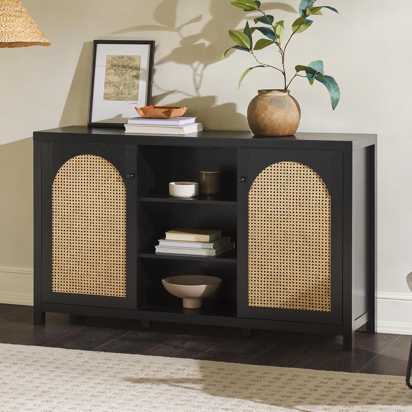 Walker Edison Sasha 2-Door Sideboard Buffet with Arched Rattan Panels, 58 Inch, Black