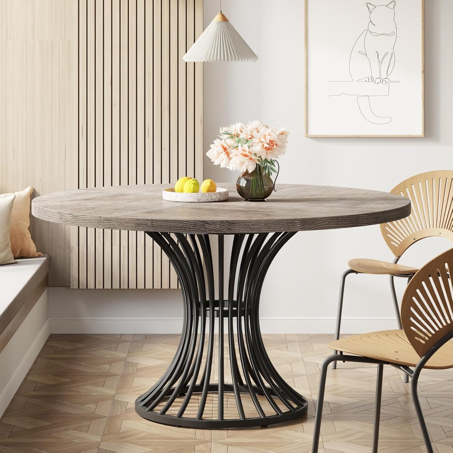 Tribesigns Round Dining Table, 47-Inch Farmhouse Dinning Room Table, Industrial Dinner Table with Metal Base, Grey