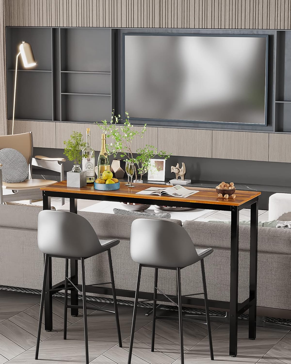 Teraves Bar Table, Bar Height Pub Table, Counter Height Table with Sturdy Metal Frame, Rectangular High Top Table for Kitchen & Dining, Living Room (55.11", Teak)