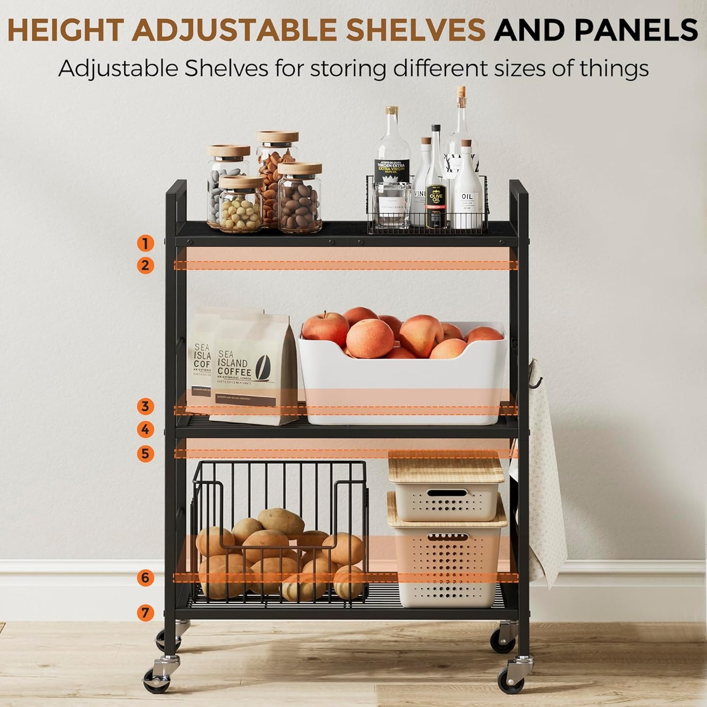 3-Tier Metal Storage Rack with Industrial Wheels,Mesh Shelving Unit with Wooden Table top,Adjustable Shelf,23.6-Inch Width,for Kitchen,Laundry,Pantry,Plant,Black panel and black frame