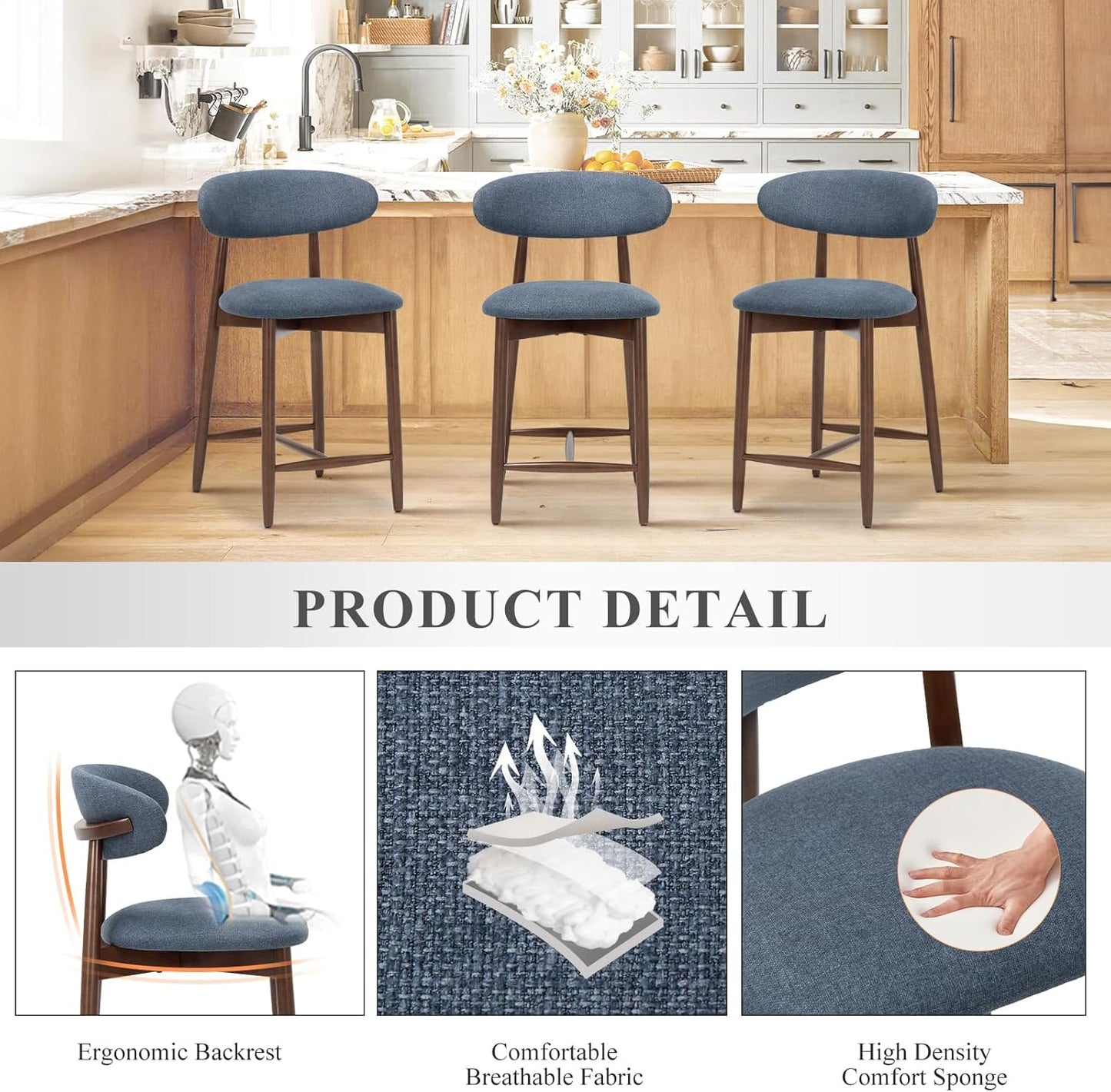 COLAMY Mid Century Modern Bar Stools Set of 4, Counter Height, Blue Fabric Upholstered Wooden Barstools with Back, 25 Inch