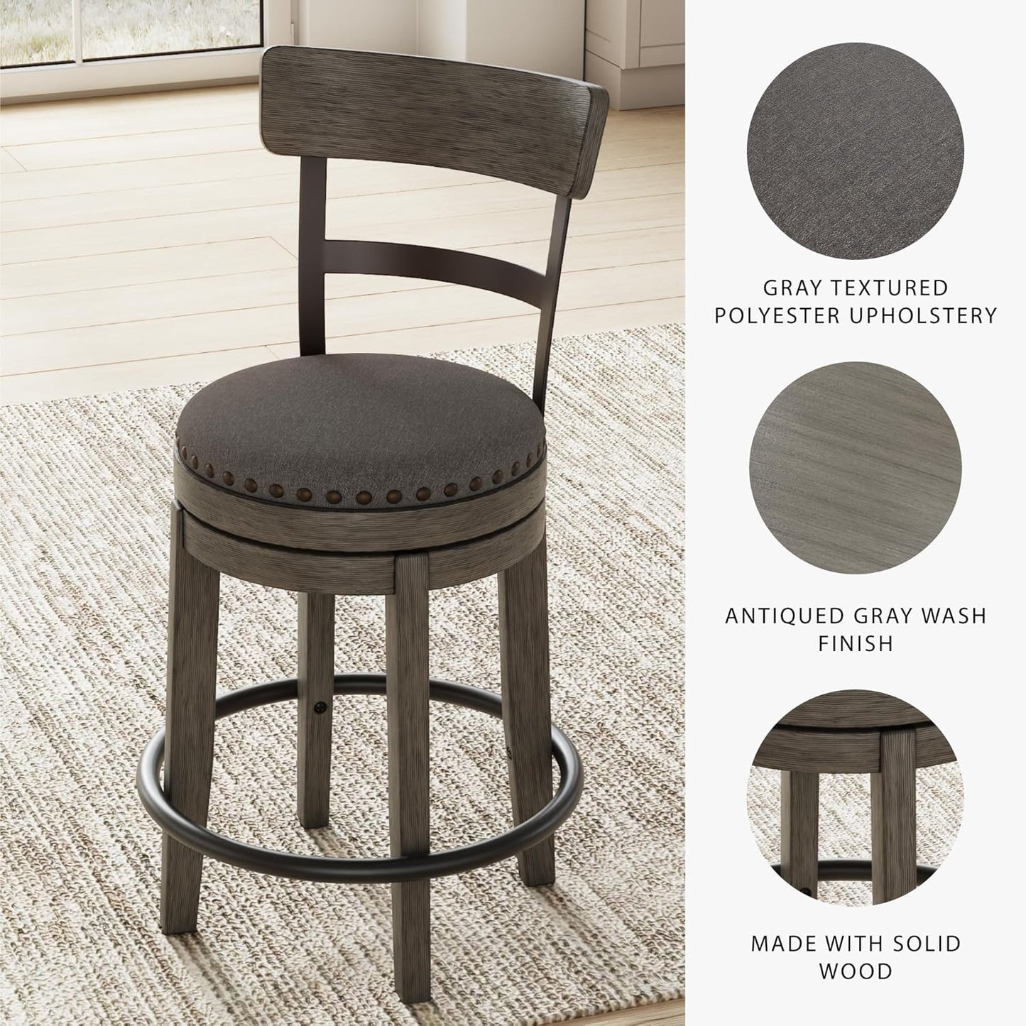 Signature Design by Ashley Caitbrook 24" Farmhouse Counter Height Upholstered Swivel Barstool, Gray