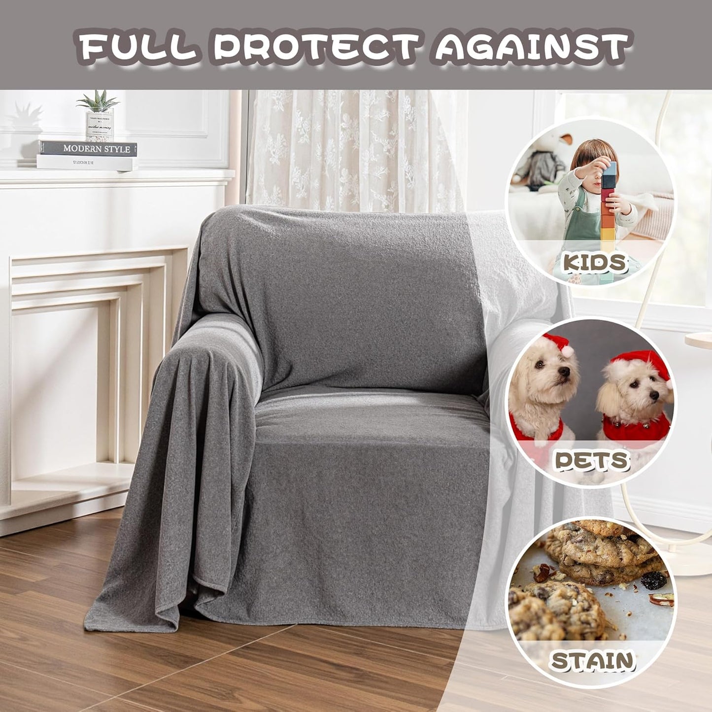 MYSKY HOME Armchair Couch Cover, Sofa Covers Washable, Couch Cover for Dogs, Sofa Slipcovers for 1 Cushion, Furniture Protector Cover, Soft Thick Sofa Throws, 71" x 91", Grey