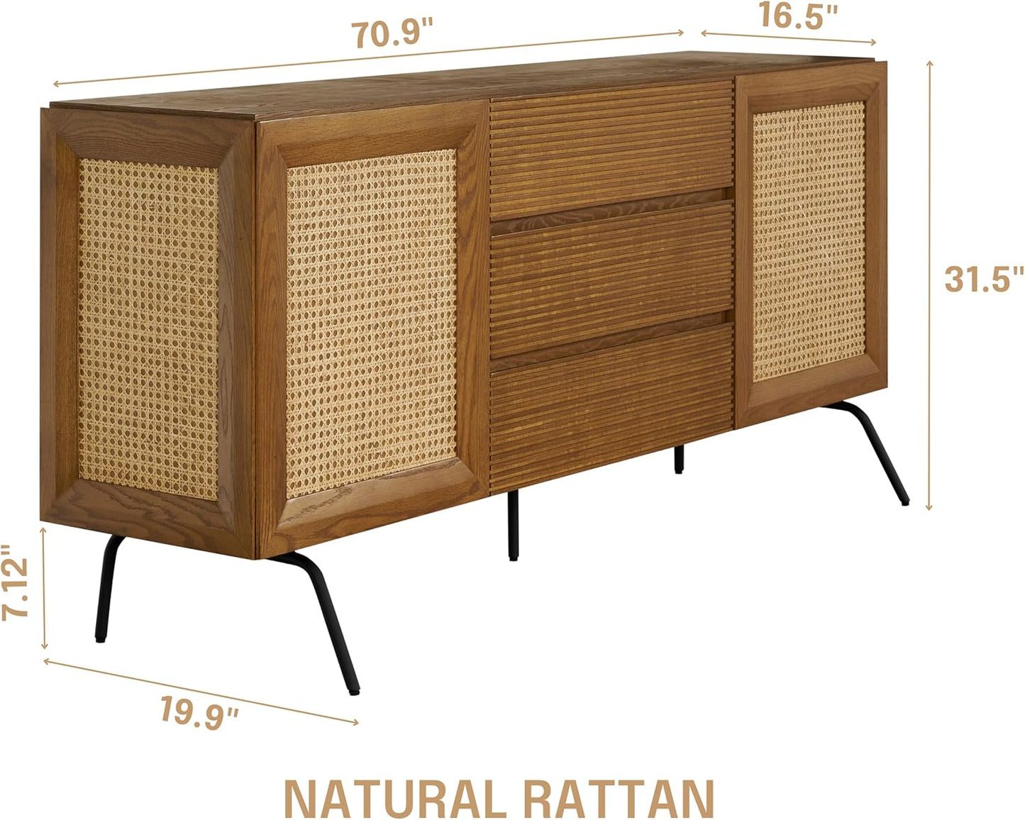 NTC MOSSIC Sideboard with 2 Doors and 3 Drawers, Buffet Cabinet with Natural Rattan and Metal Legs, Modern Storage Cabinet for Living Room, and Hallway, Effortless Assembly - Rustic Oak