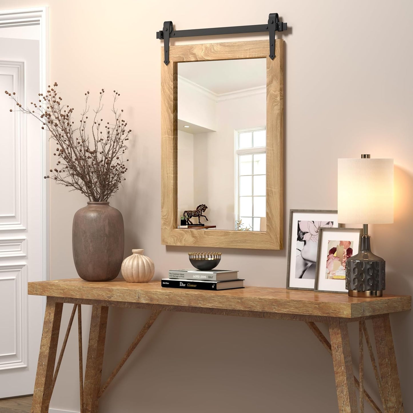 Farmhouse Bathroom Mirror 26”x40” Rustic Wood Framed Wall Mirror Barn Door Mirror for Wall (Brown)