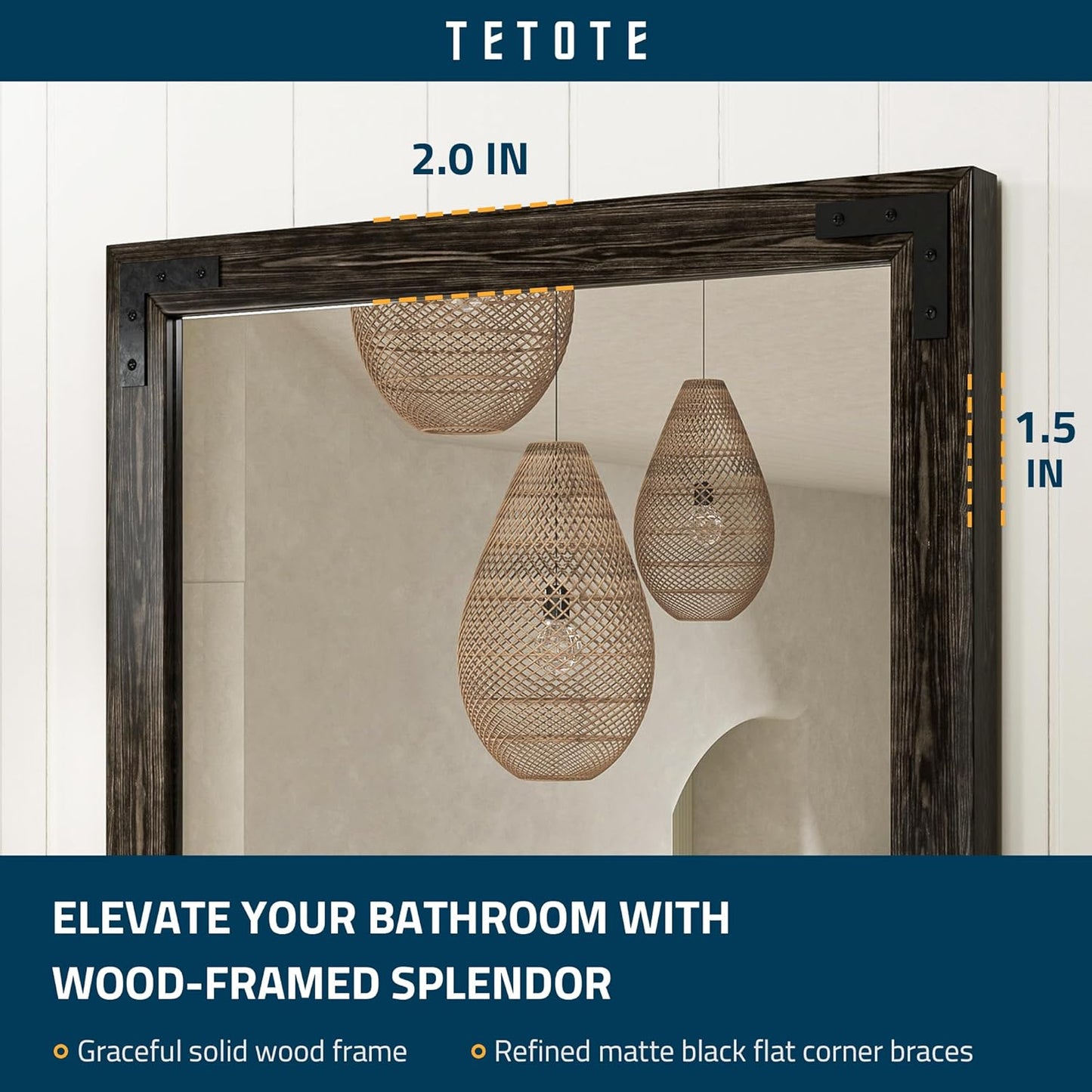 TETOTE 48 x 24 Black Wood Framed Mirror for Bathroom Wall/Bedroom/Living Room/Entryway Farmhouse Rustic Bathroom Vanity Mirror Waterproof (Horizontal/Vertical Mounted)