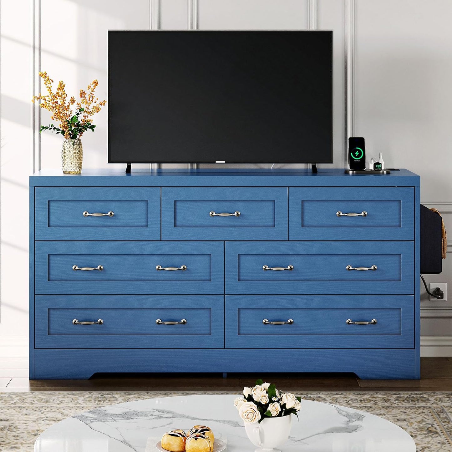 YITAHOME Drawers TV Stand for 65 inches with Power Outlets -Chest of Drawers Dresser with Side Organizer Bag Entertainment Center TV Console, Blue