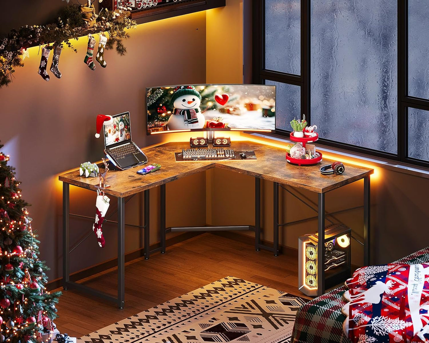 Casaottima L Shaped Gaming Desk, Corner Gaming Table for Home Office, Computer Desk Sturdy Writing Workstation for Small Space, Easy to Assemble, 51 inch, Rustic Brown