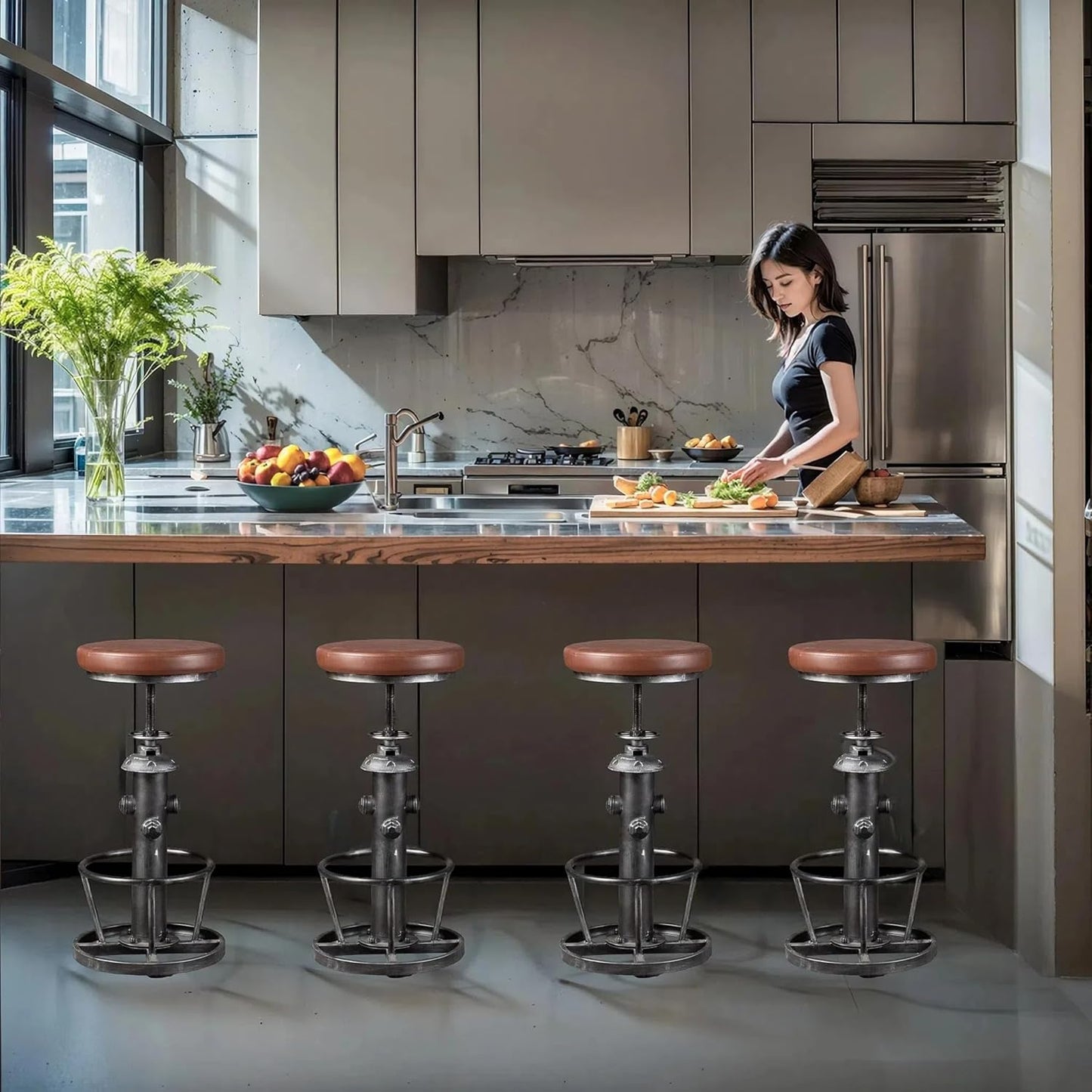 Industrial Swivel Bar Stools Kitchen Island Dining Chairs Pu Seat Bar Counter Height Adjustable 25-31inch