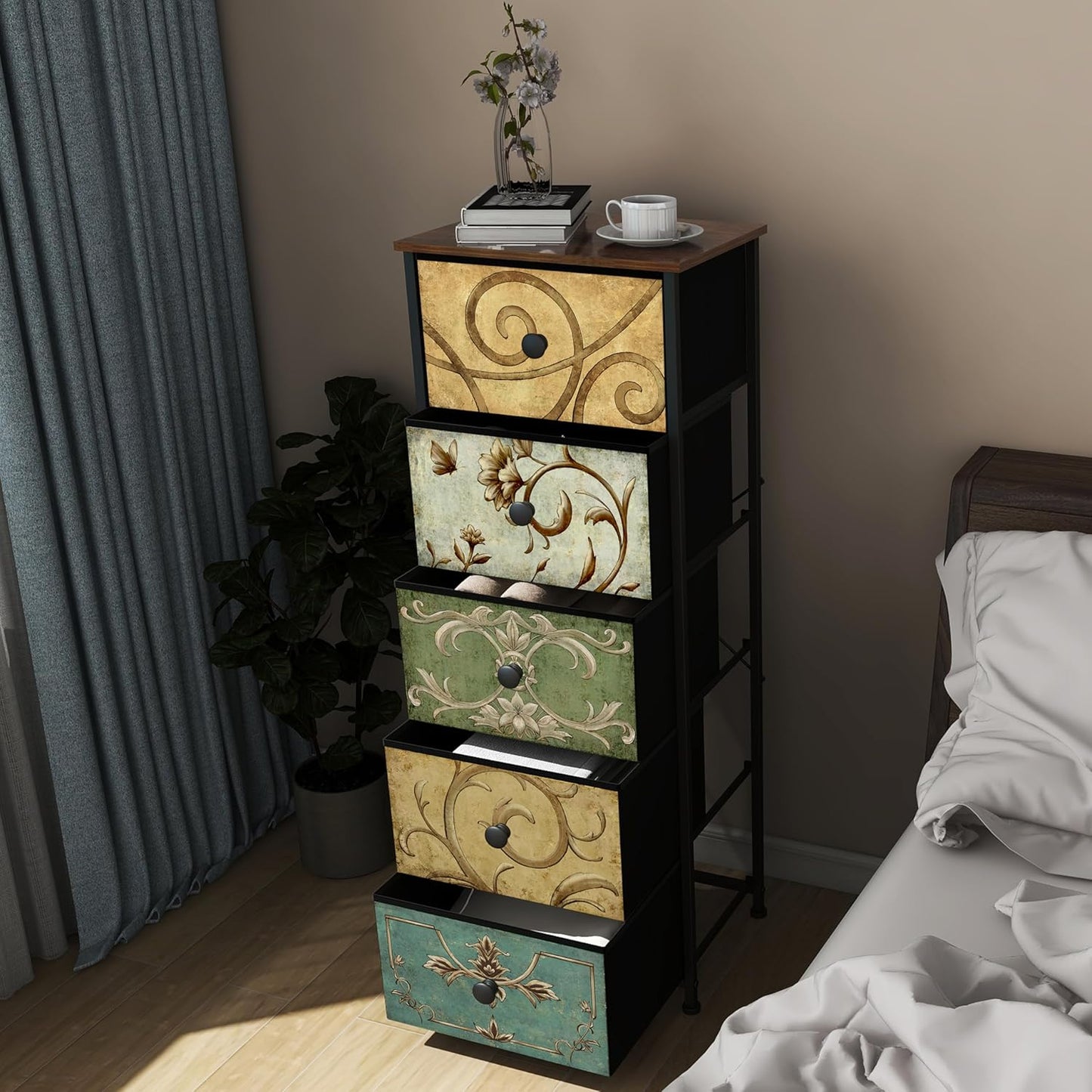 Tohomeor Small Dresser for Bedroom with Retro Flower Narrow Drawers Slim Chest of Drawers Skinny Nightstand Sofa End Table for Living Room Entryway Closet Storage (Multi, 5 Drawers)