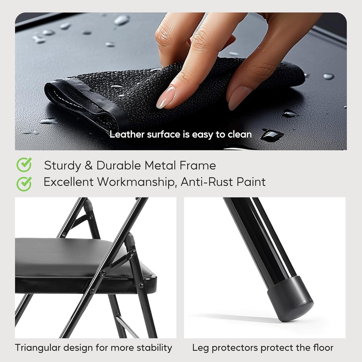 HealSmart 2 Pack Folding Chairs with Padded Leather Cushion Seats, Sturdy Metal Frame, Stackable Portable Design for Indoor Outdoor Use, Commercial Event Party Office Home Chairs, Black