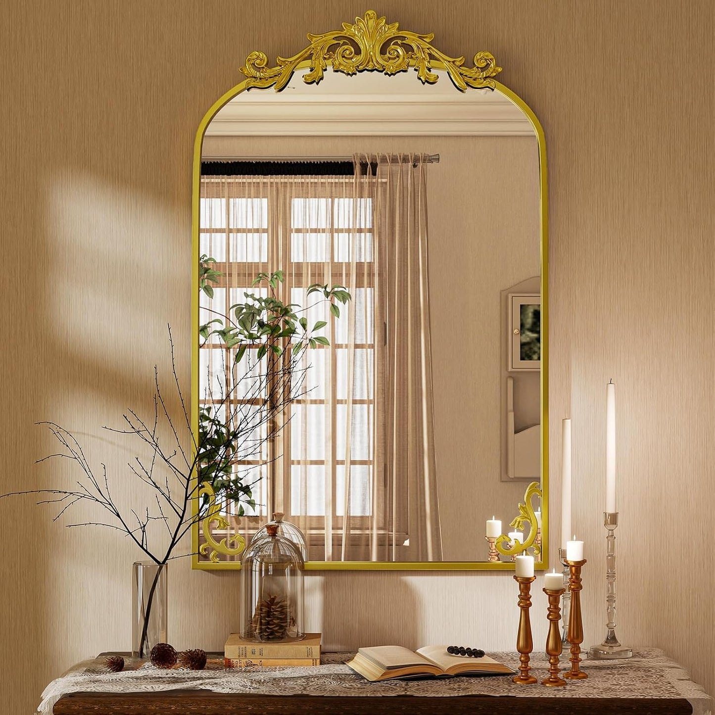 26x38 inch Vintage Arched Bathroom Mirror - Gorgeous Wall Vanity Mirror with Beautiful Retro Top and Bottom Engraving Process Frame for Entryway Hallway Living Room, Gold