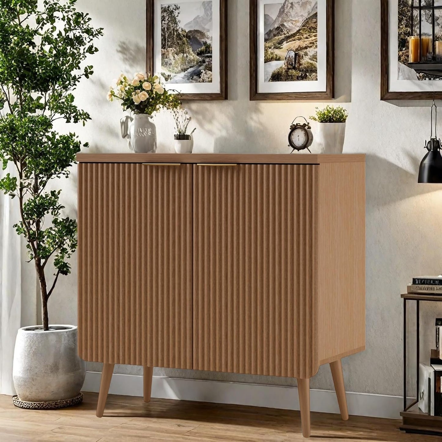 Buffet Cabinet, Sideboard Fluted Cabinet Modern Kitchen Buffet Storage Cabinets with Doors and Shelves, Wood Farmhouse Coffee Bar Station for Entryway & Dining Room & Living Room, Walnut