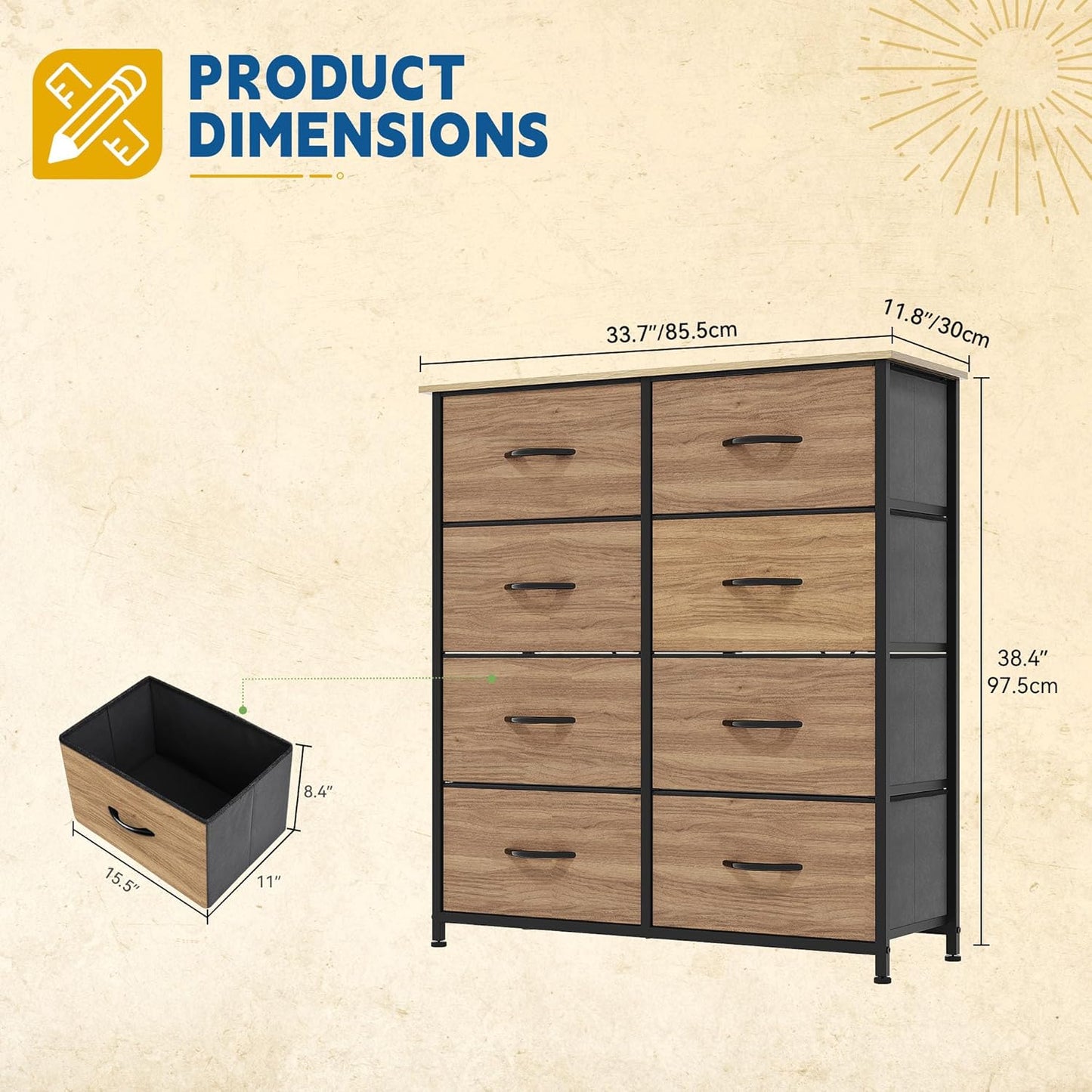 DWVO Dresser with 8 Drawers - Fabric Storage Tower, Organizer Unit for Bedroom, Hallway, Closets - Sturdy Steel Frame, Wooden Top & Easy Pull Fabric Bins (Burlywood Grain)