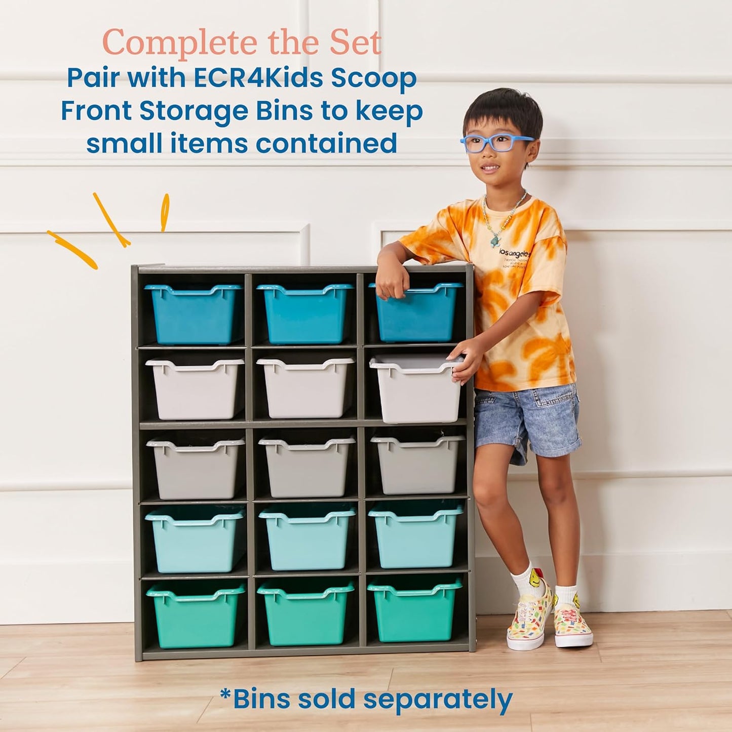 ECR4Kids Streamline 15 Cubby Tray Storage Cabinet, 5x3, Classroom Furniture, Grey Wash