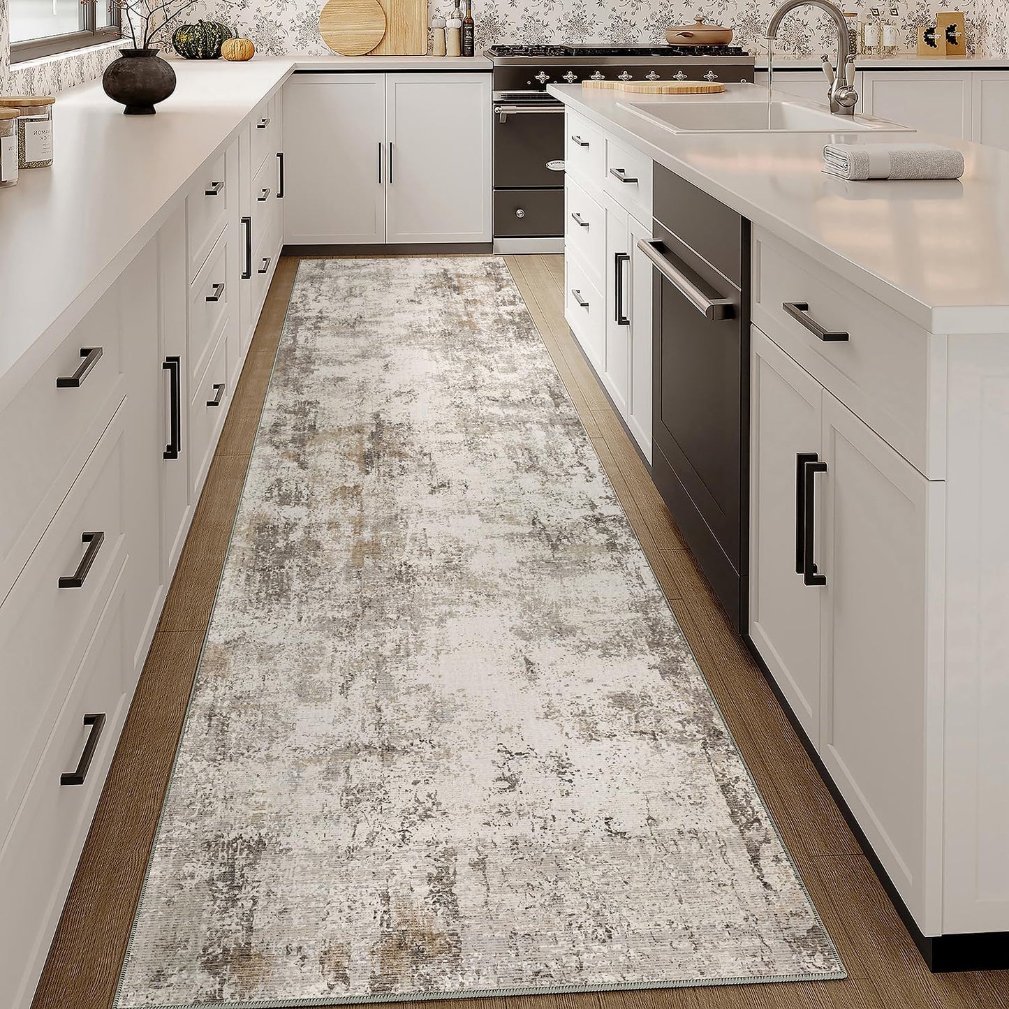 2x10 Washable Runner Rug Brown Grey Neutral Abstract Hallway Kitchen Living Room Bedroom Non Slip Throw Rug Soft Low Pile Indoor Carpet for Entrance Laundry Bathroom