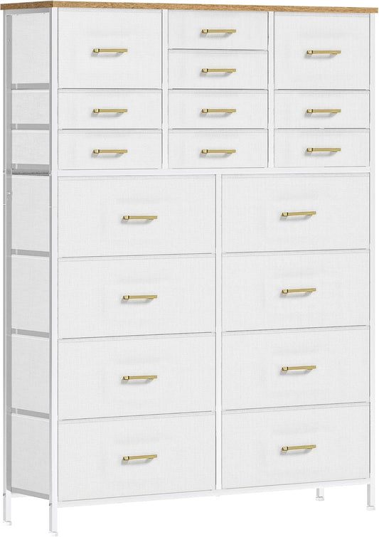 Modern Chest of Drawers for Bedroom，Tall White Fabric Dresser with 18 Deep Drawers, Large Vertical Storage Organizer Cabinet for Closet, Nursery, Office
