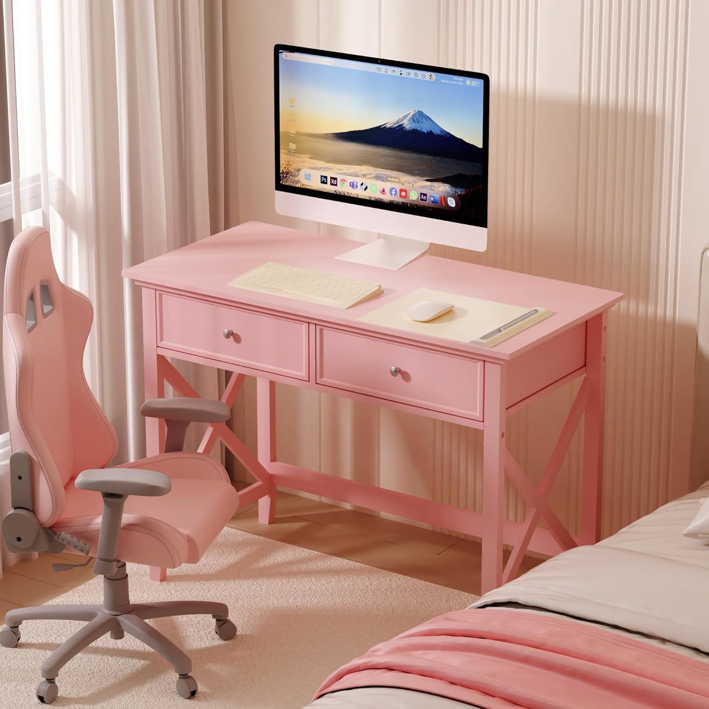 Writing Computer Desk with Drawers, Cute Modern Table for Bedrooms, Pink Vanity Table Office Desk with Drawers, Home Computer Desk for Girls Living Room Entryway, Pink