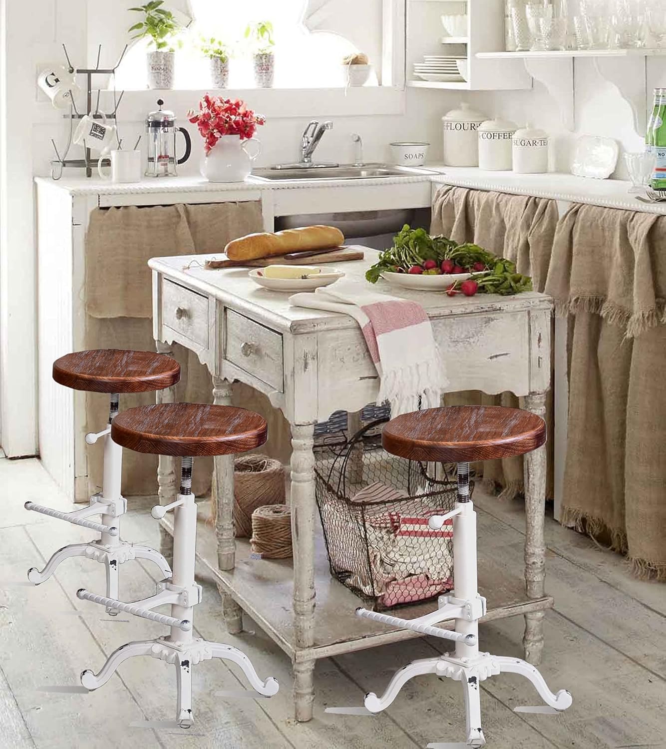 Topower Industrial Retro Vintage Farm Wooden Tractor Stool Kitchen Swivel Height Adjustable bar Stool (Antique White)