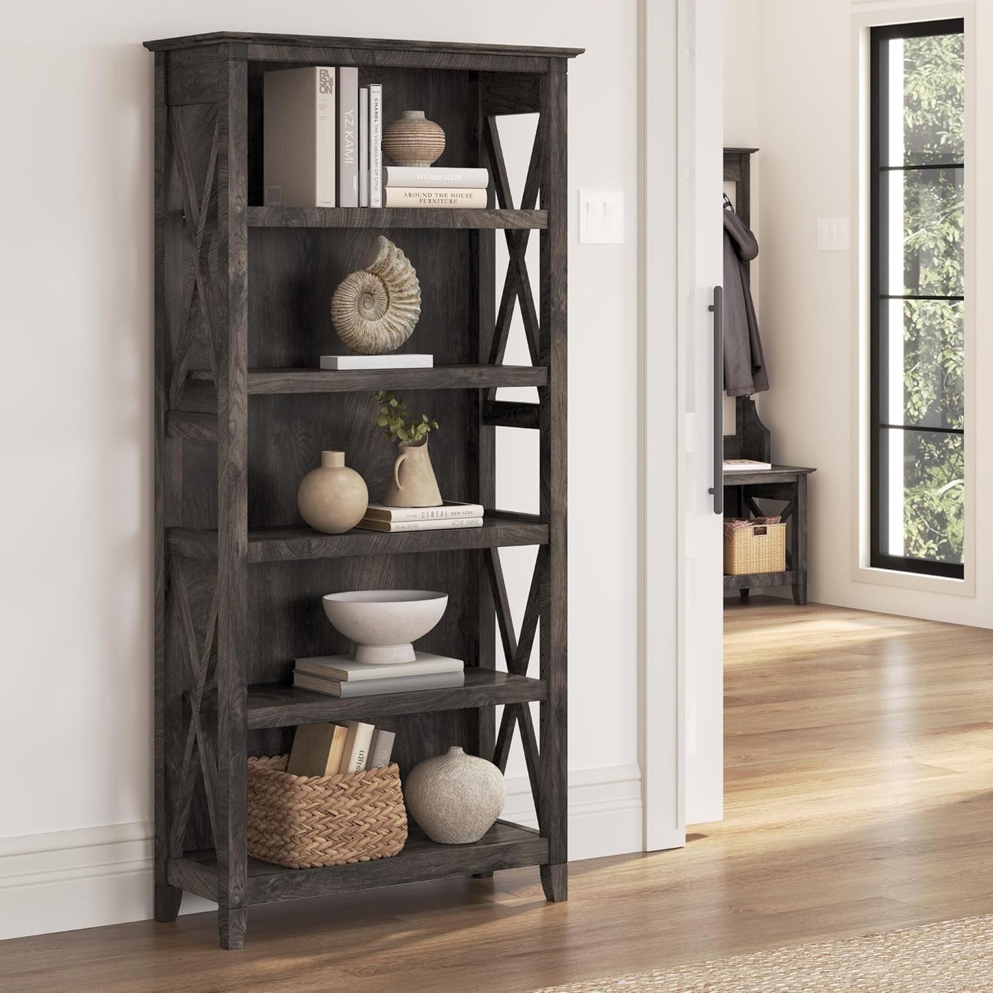 Bush Furniture Tall 5 Shelf Bookcase for Living Room or Home Office, Large Bookshelf, Modern Farmhouse Style, Key West Collection, Dark Gray Hickory