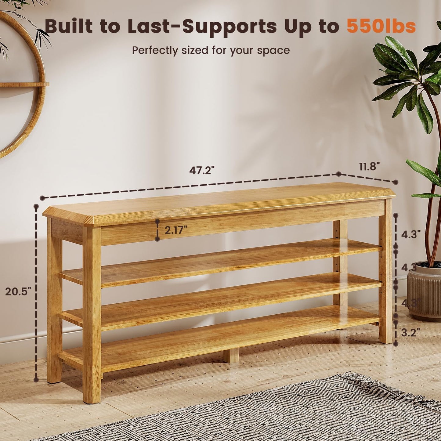 Shoe Rack Bench Seat Rubberwood 3-Tier Wooden Storage Bench 550lbs Compact Mid-Century Modern Design for Entryway, Hallway, Closet, Front Door Entrance, Foyer