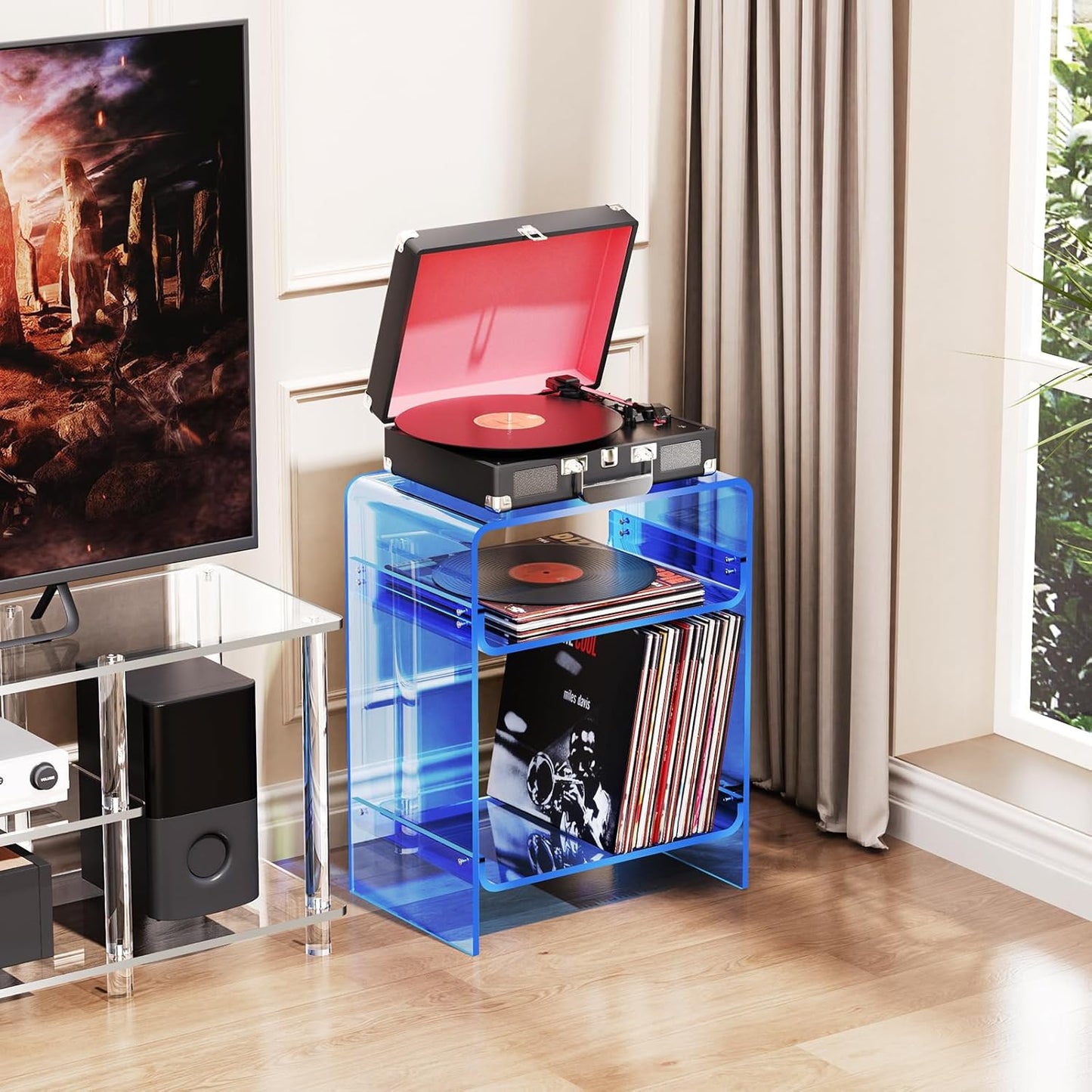 Acrylic Record Player Table with Storage Shelf, Clear Side Table Nightstand (Blue)