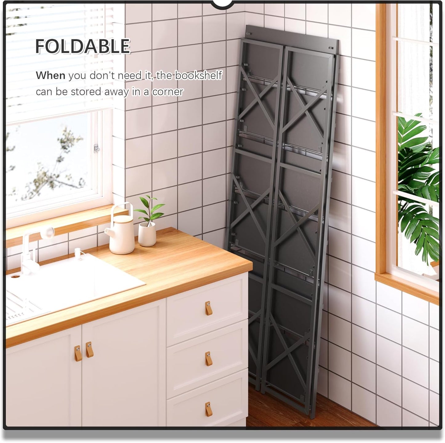 4NM 6 Tiers No Assembly Book Shelves, 61.8" H Folding Bookshelf Bookcase Open Industrial Foldable Shelves for Bedroom, Living Room, Home Office - All Black